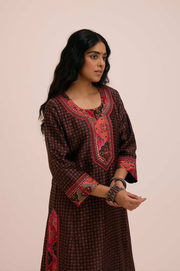 Rozana Chanderi Printed Kurta Coffee Peach