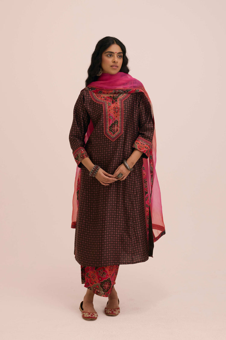 Rozana Chanderi Printed Kurta Coffee Peach