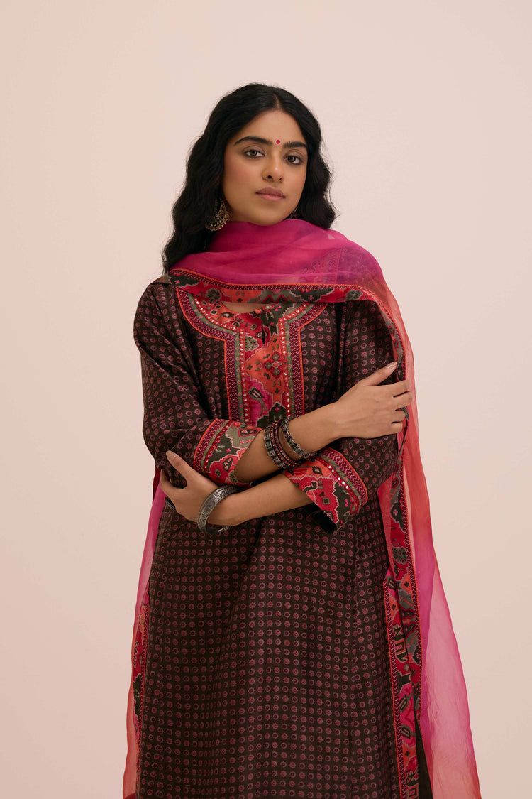 Rozana Chanderi Printed Kurta Coffee Peach