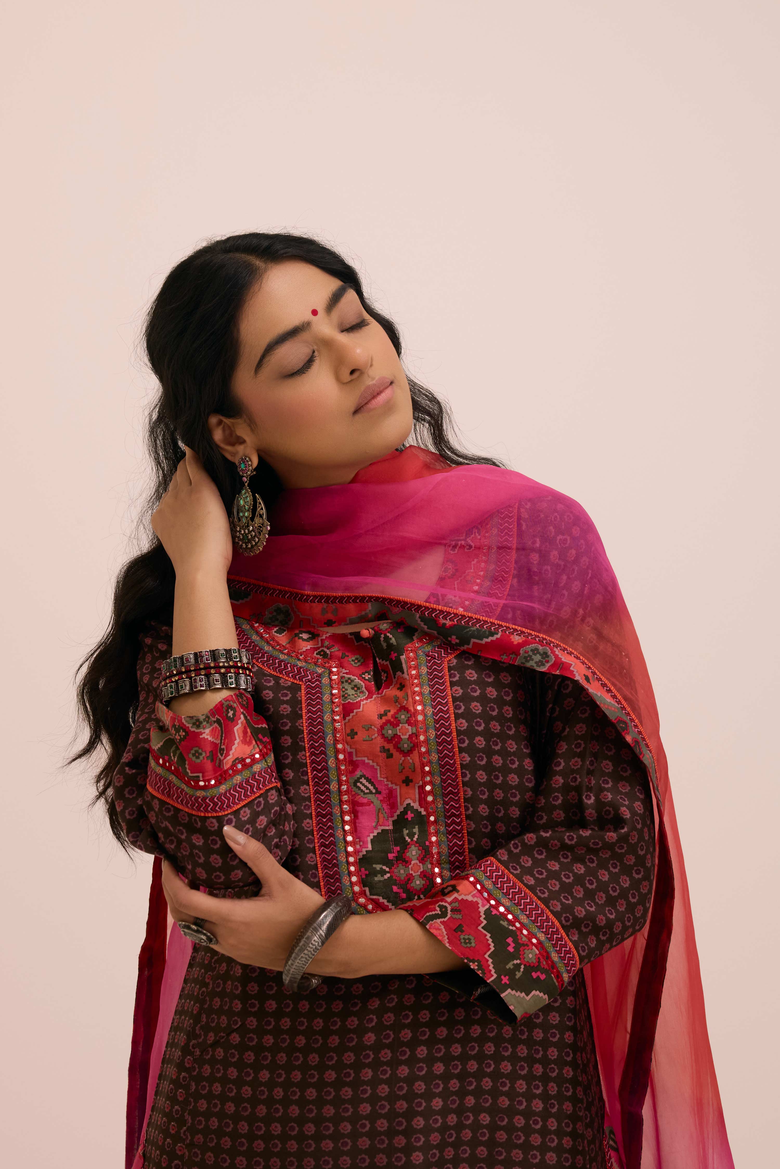 Rozana Chanderi Printed Kurta Coffee Peach