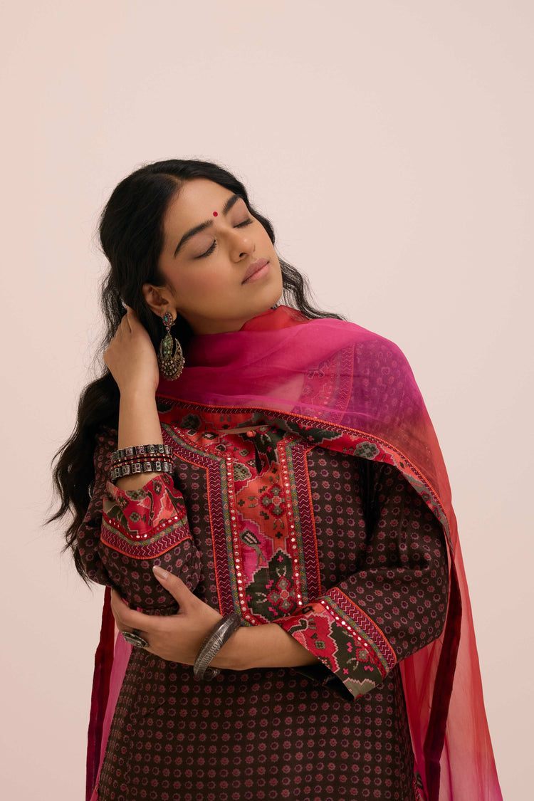 Rozana Chanderi Printed Kurta Coffee Peach