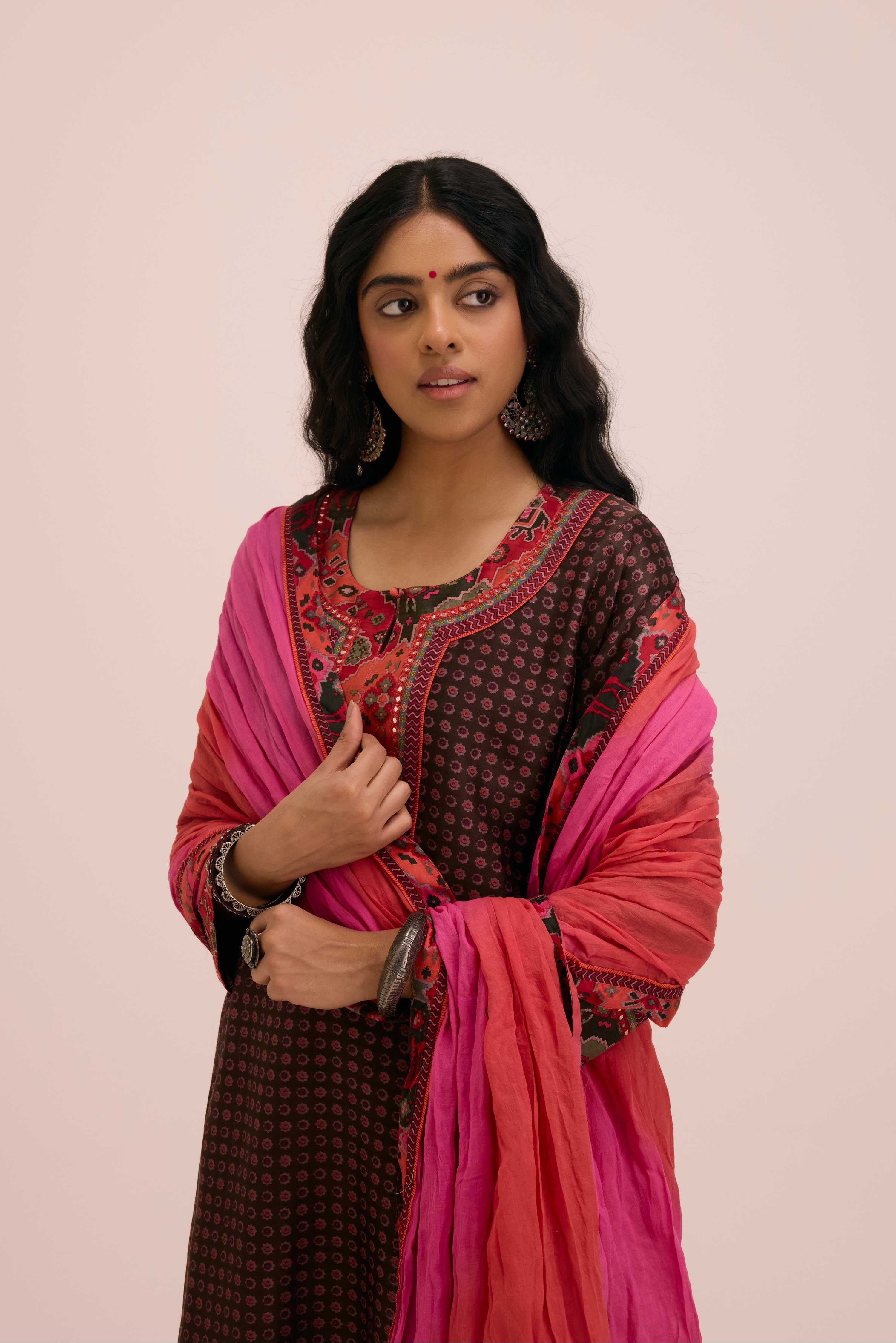 Rozana Chanderi Printed Kurta Coffee Peach