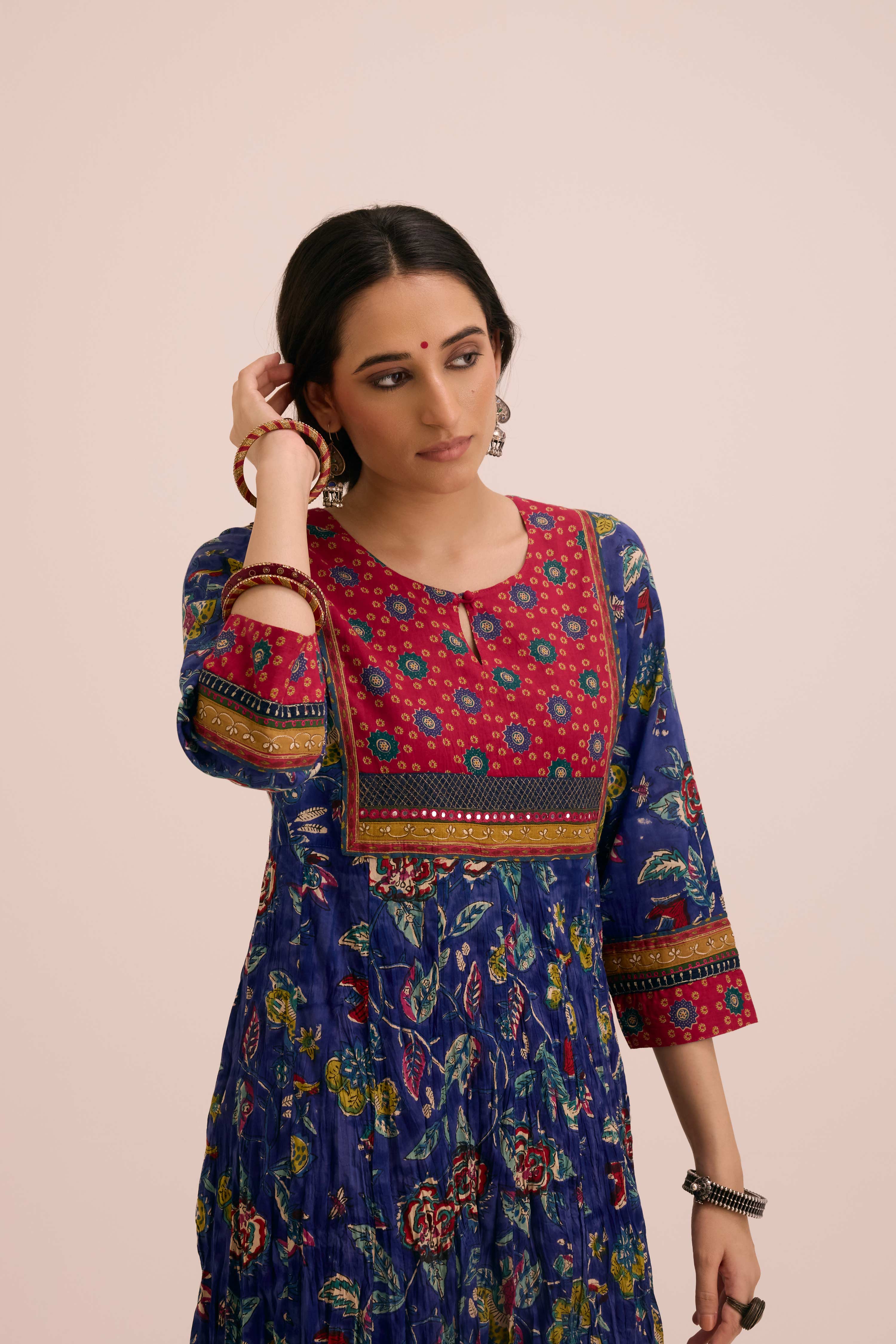 Crinkled Cotton Printed Anarkali Blue