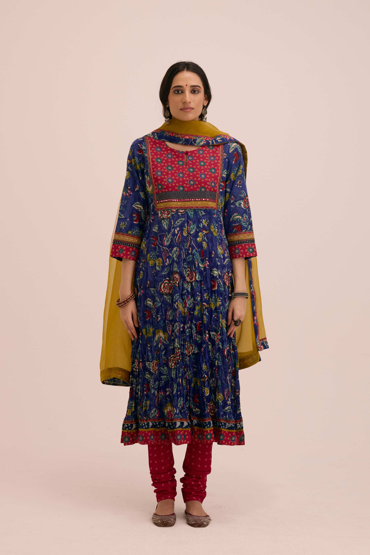 Crinkled Cotton Printed Anarkali Blue