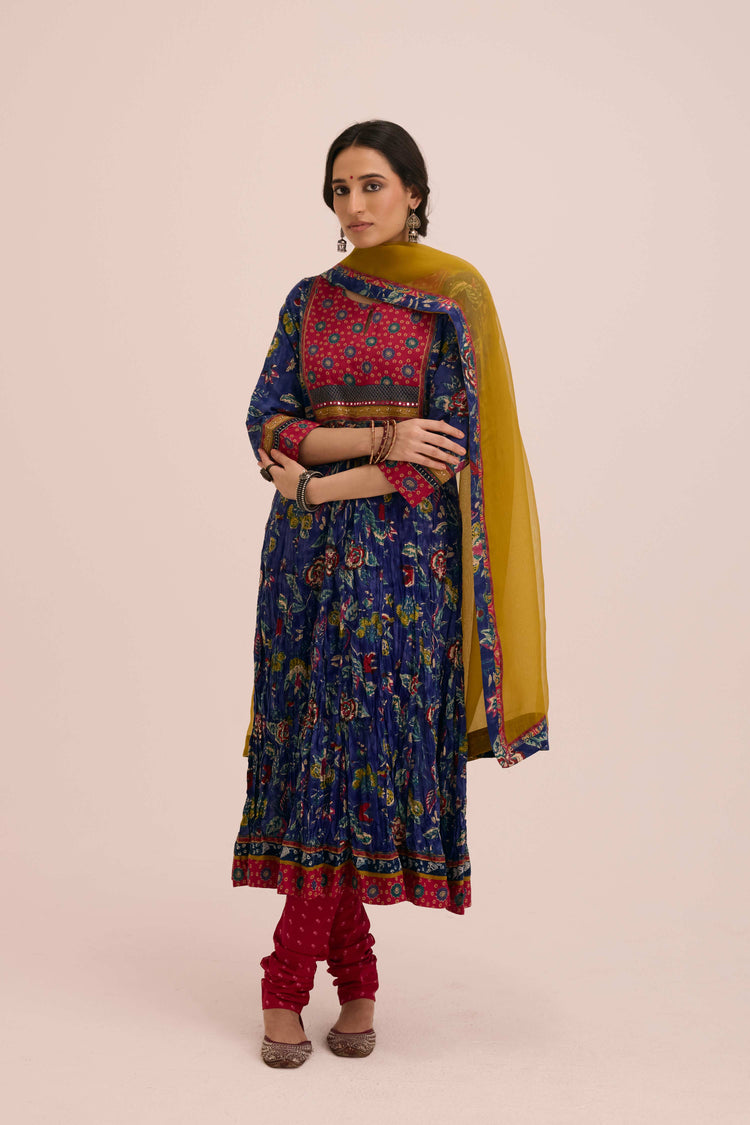 Crinkled Cotton Printed Anarkali Blue