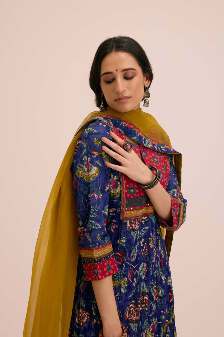 Crinkled Cotton Printed Anarkali Blue