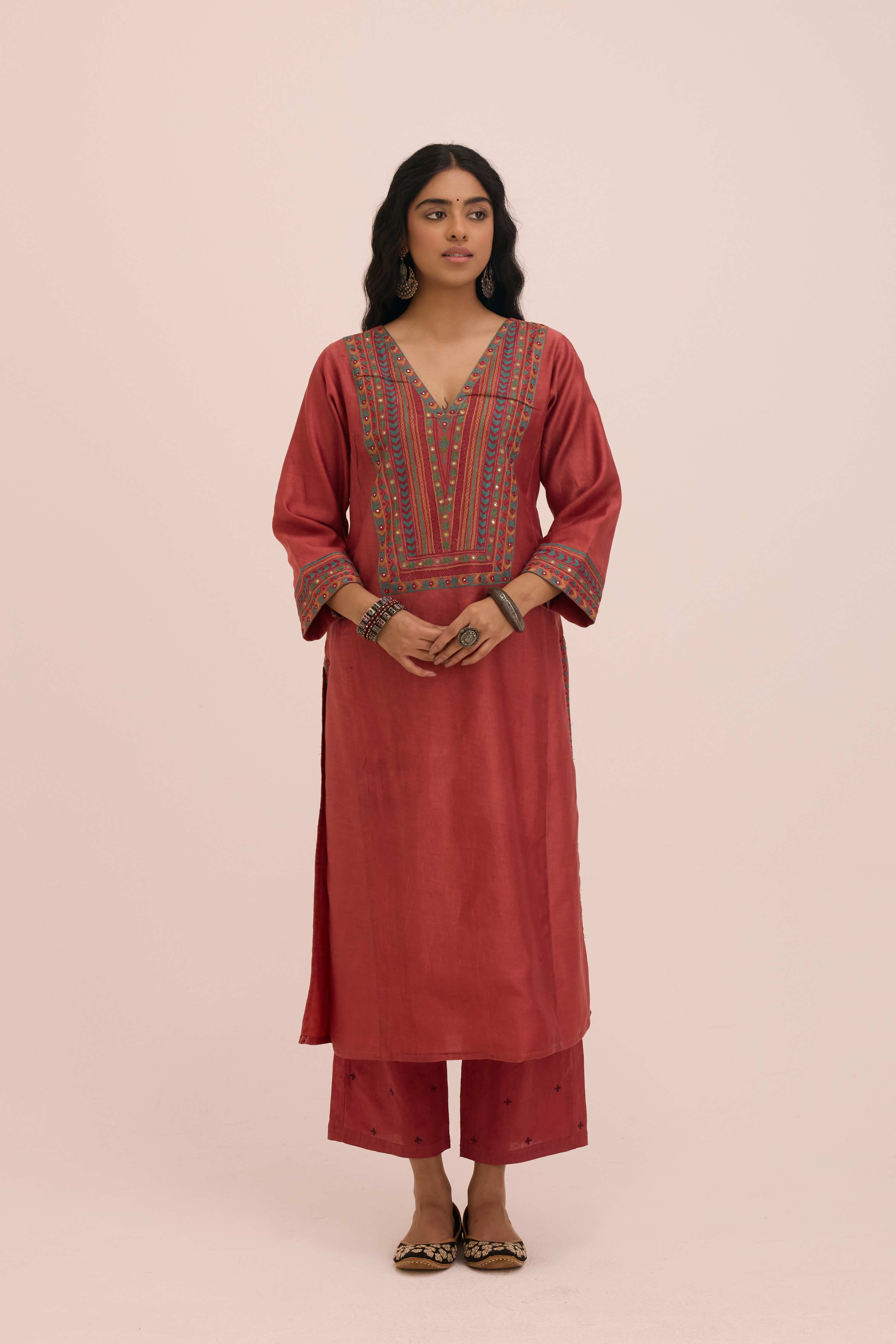 Straight Embroidered Solid Pant Coral  Pink