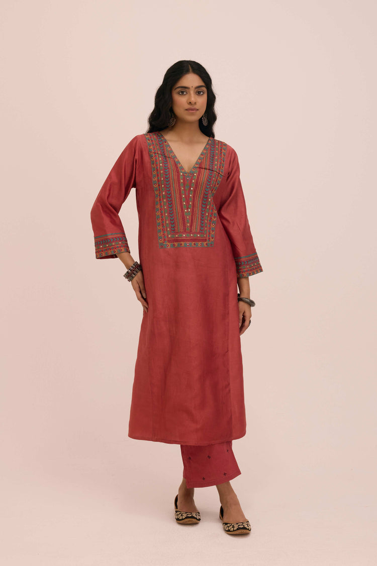Straight Embroidered Solid Pant Coral  Pink
