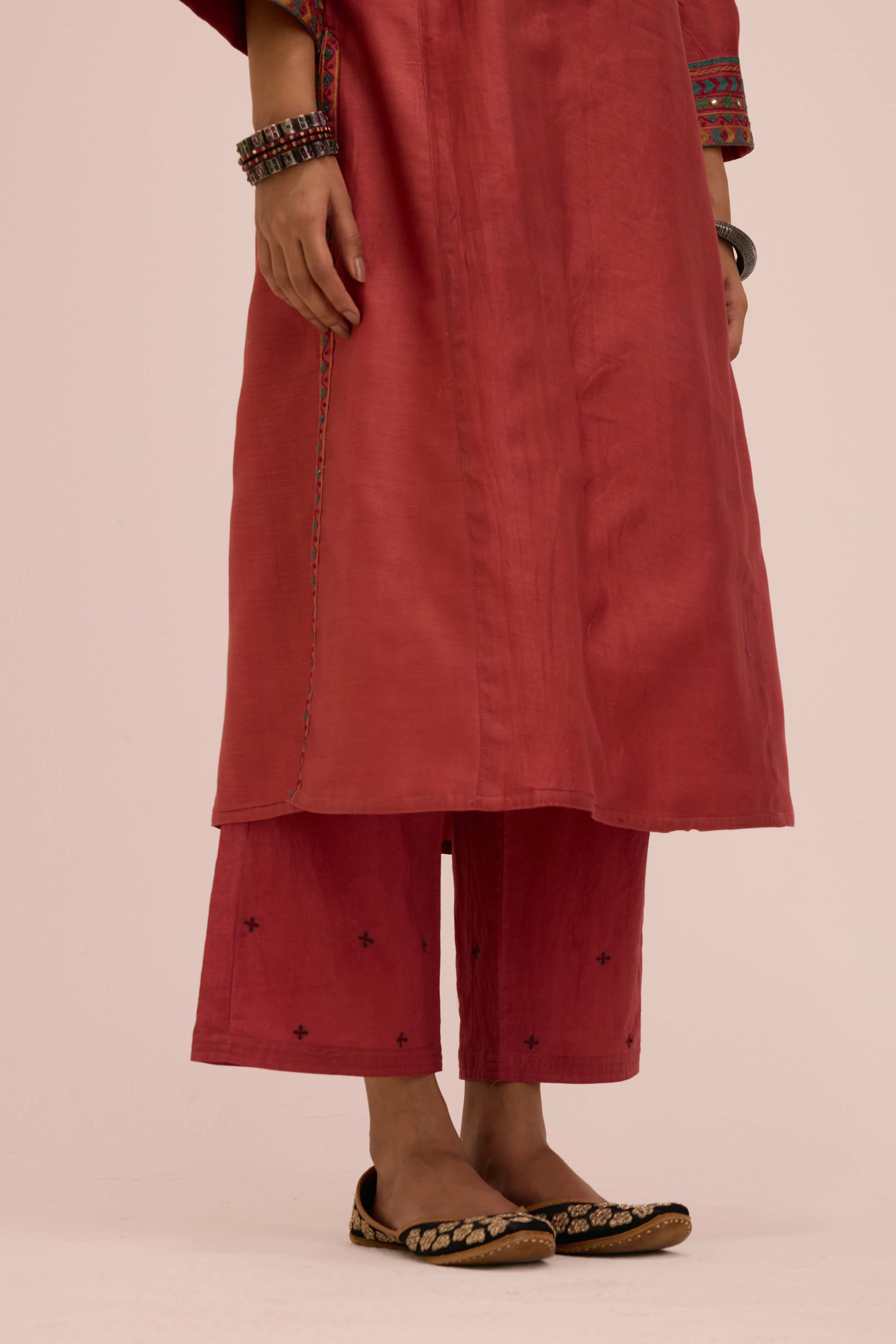 Straight Embroidered Solid Pant Coral  Pink