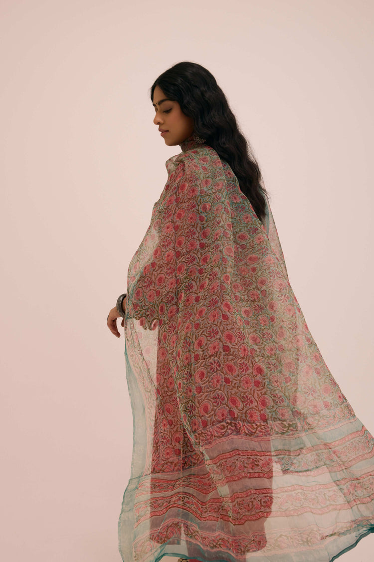 Dienne Chanderi Embroidered Kurta Coral