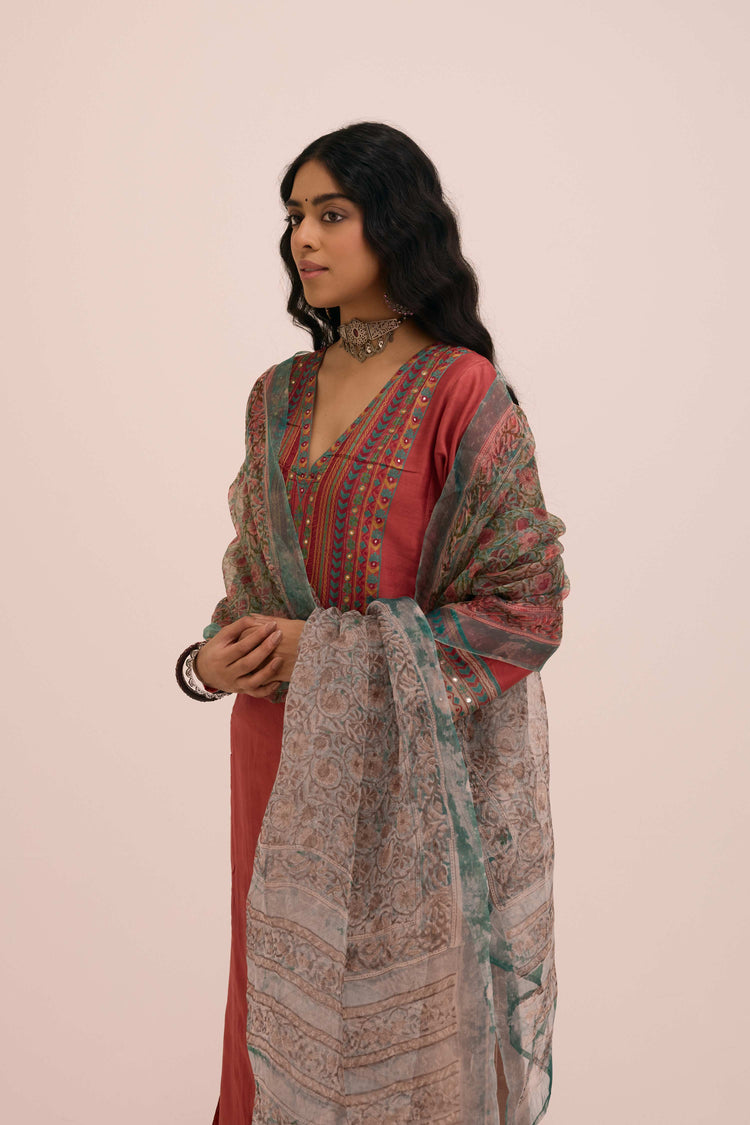 Dienne Chanderi Embroidered Kurta Coral