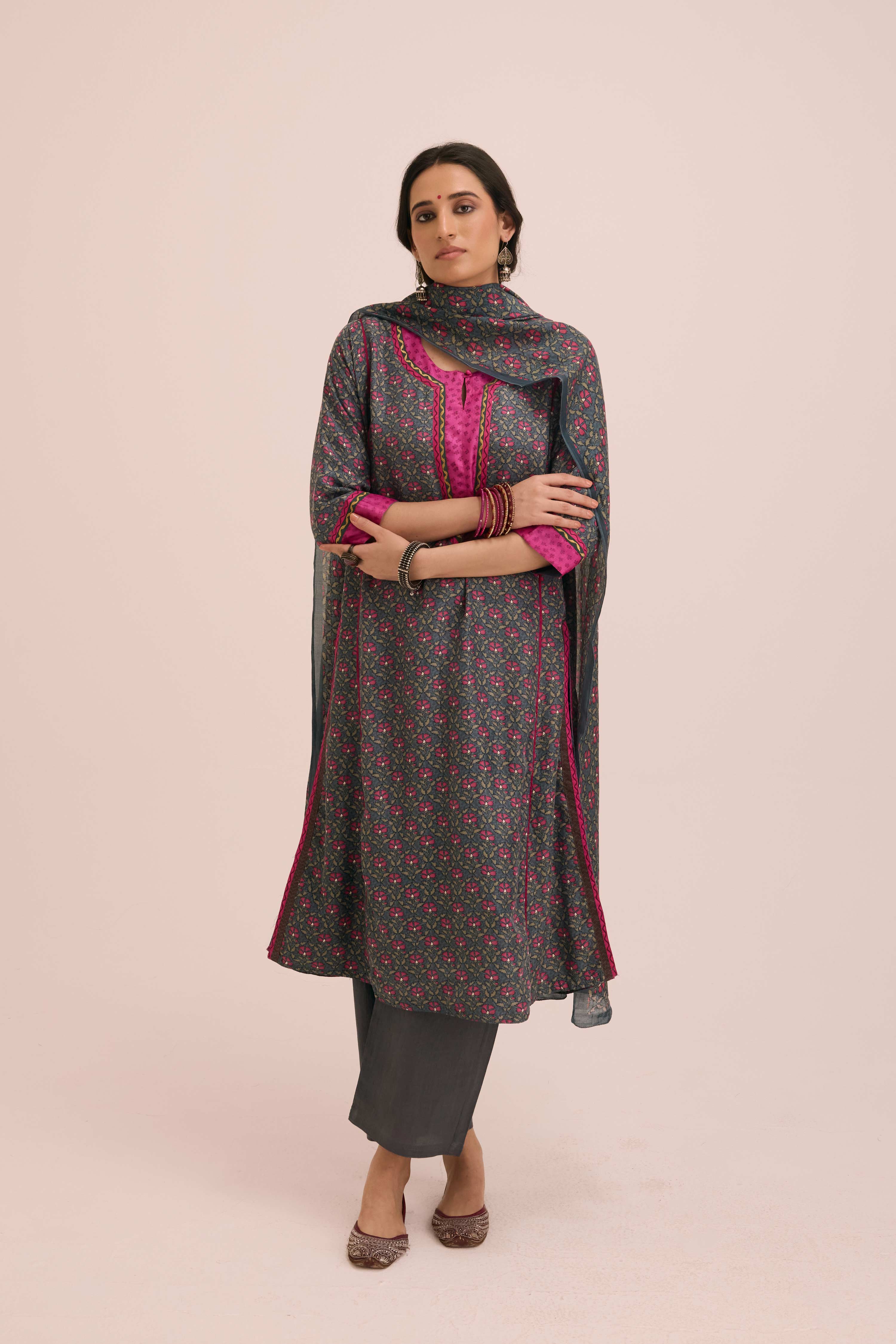Modal Silk Printed Dupatta Grey Pink