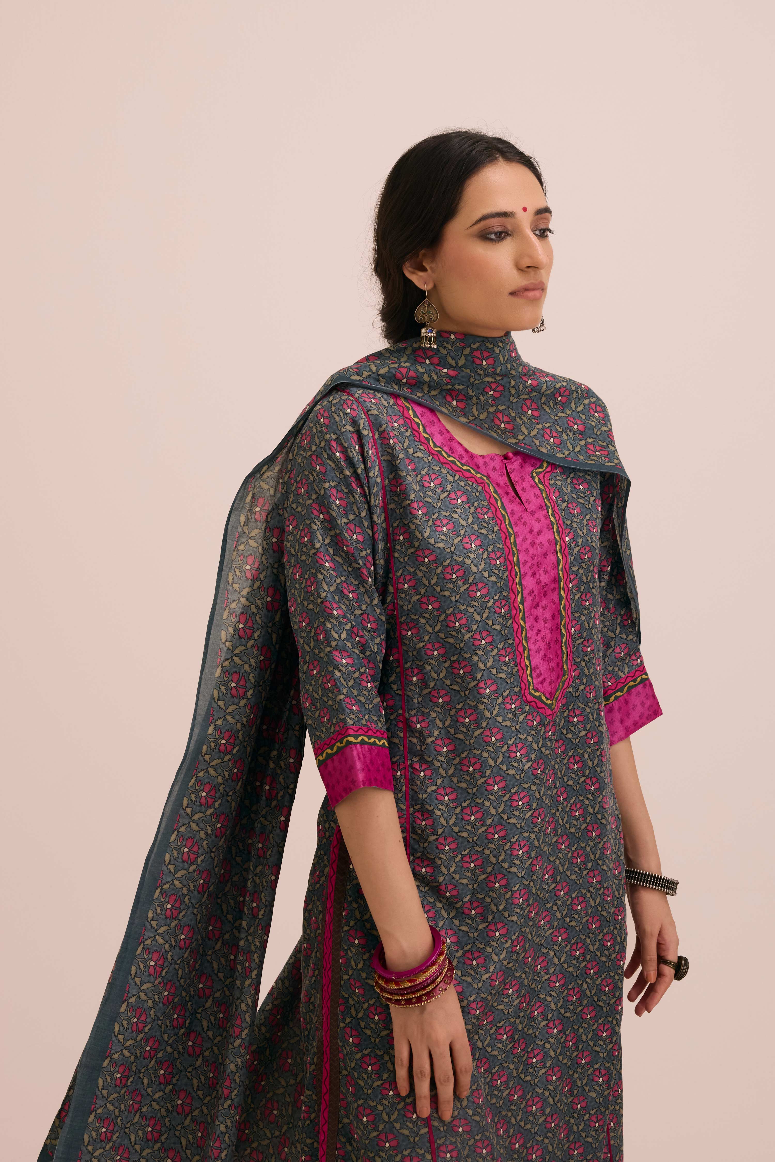 Modal Silk Printed Dupatta Grey Pink