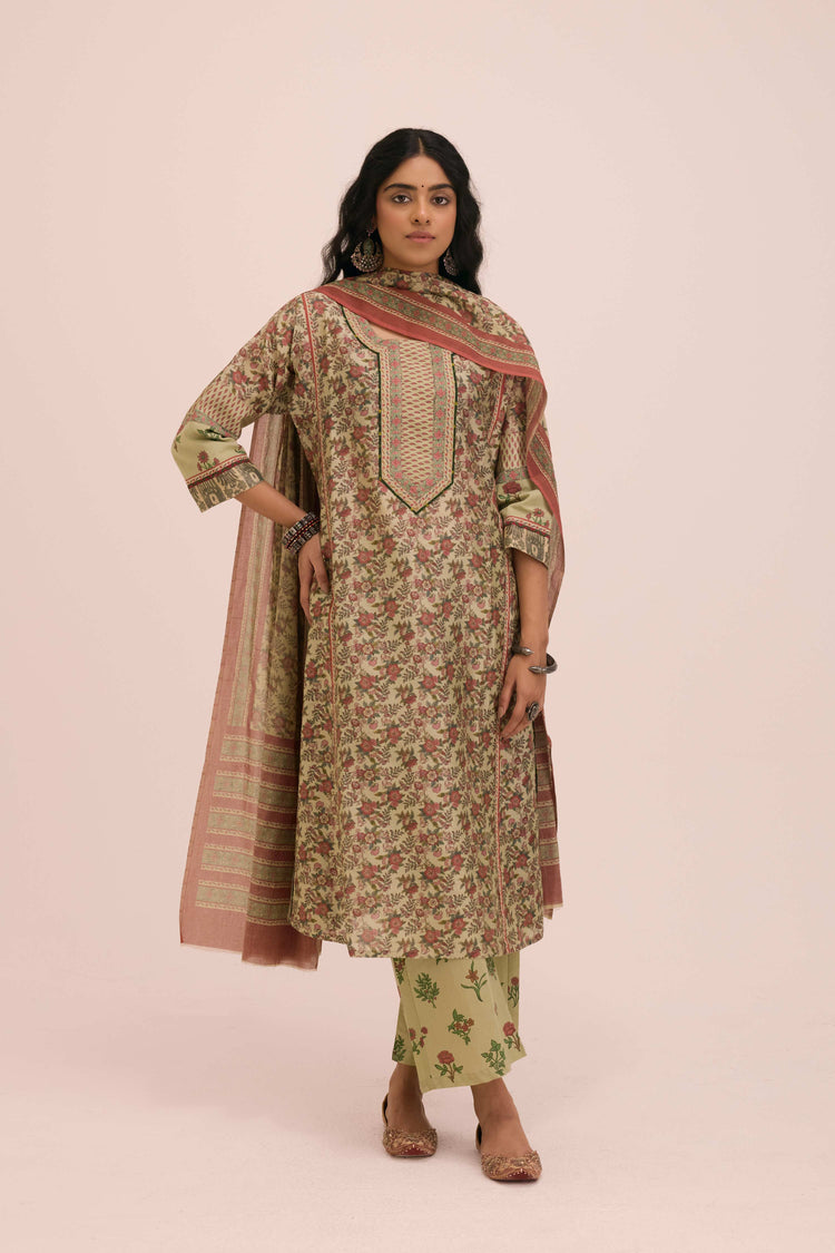 Rozana Chanderi Printed Ensemble Pista Green Peach (Set of 2)