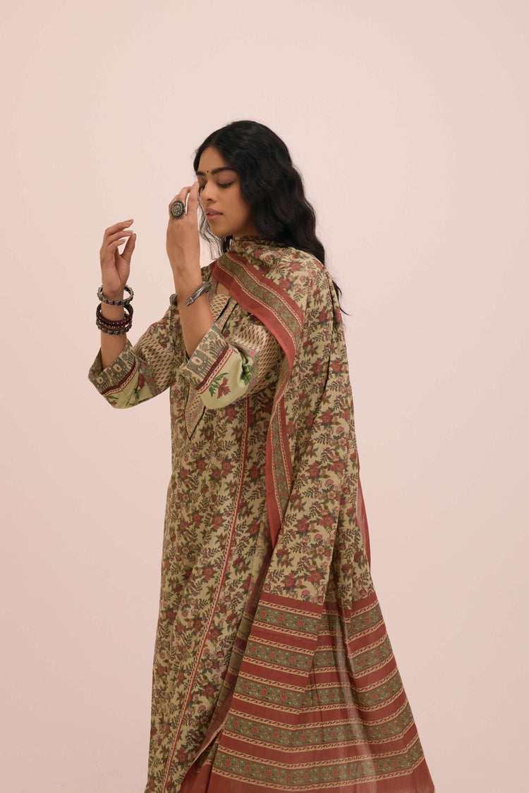 Rozana Chanderi Printed Ensemble Pista Green Peach (Set of 2)