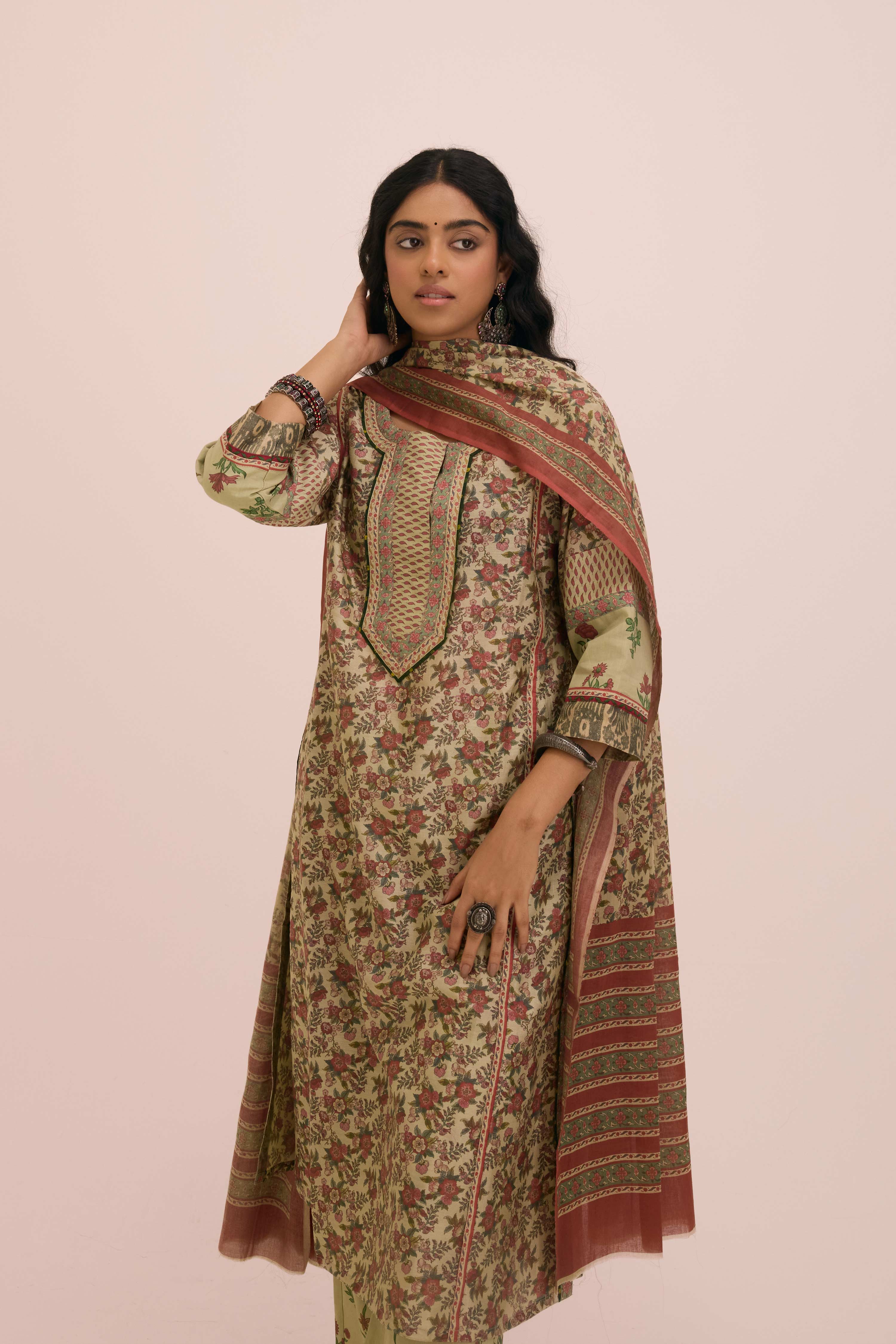 Rozana Cotton Printed Ensemble Pista Green Peach (Set of 2)
