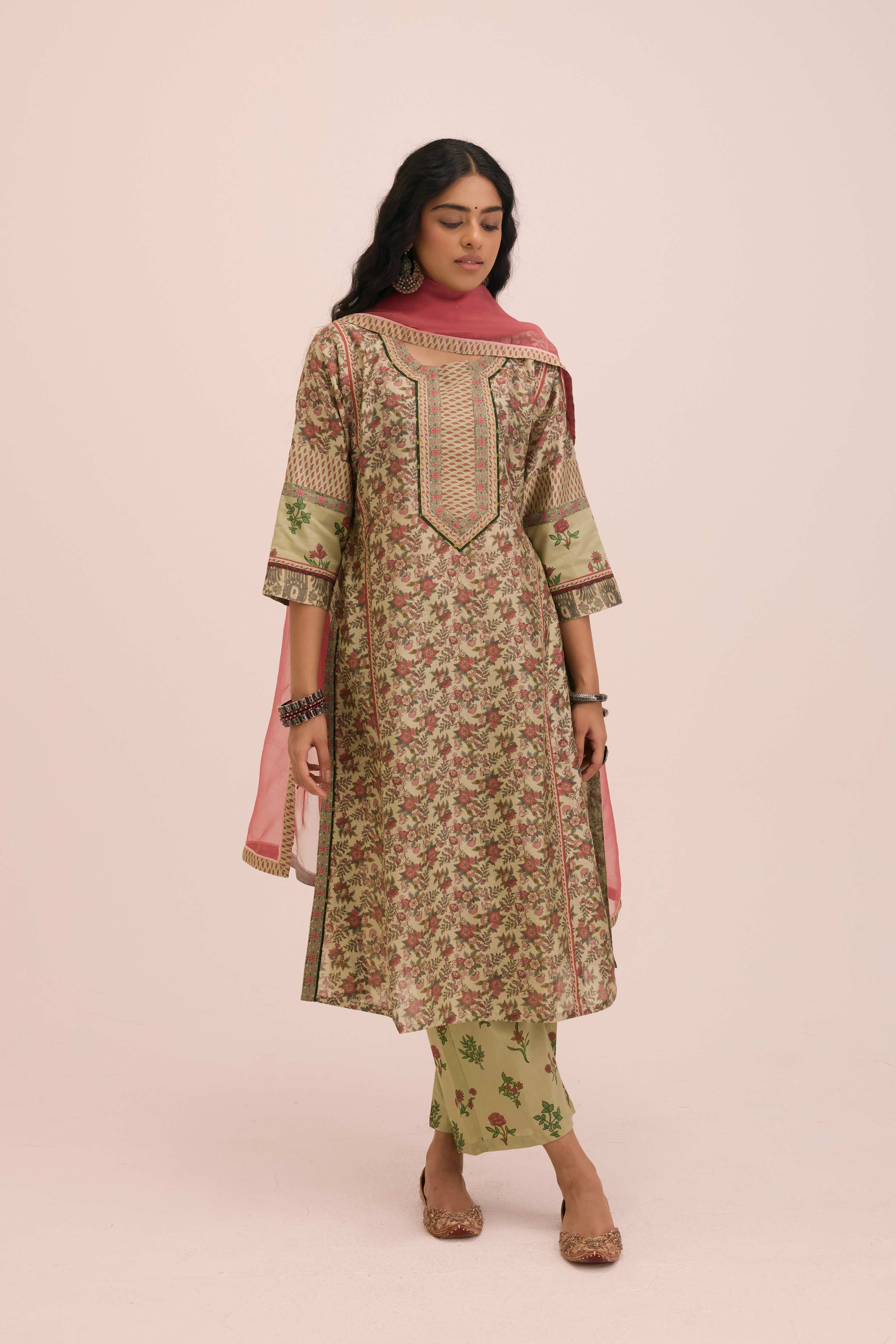 Rozana Chanderi Printed Ensemble Pista Green Peach (Set of 2)