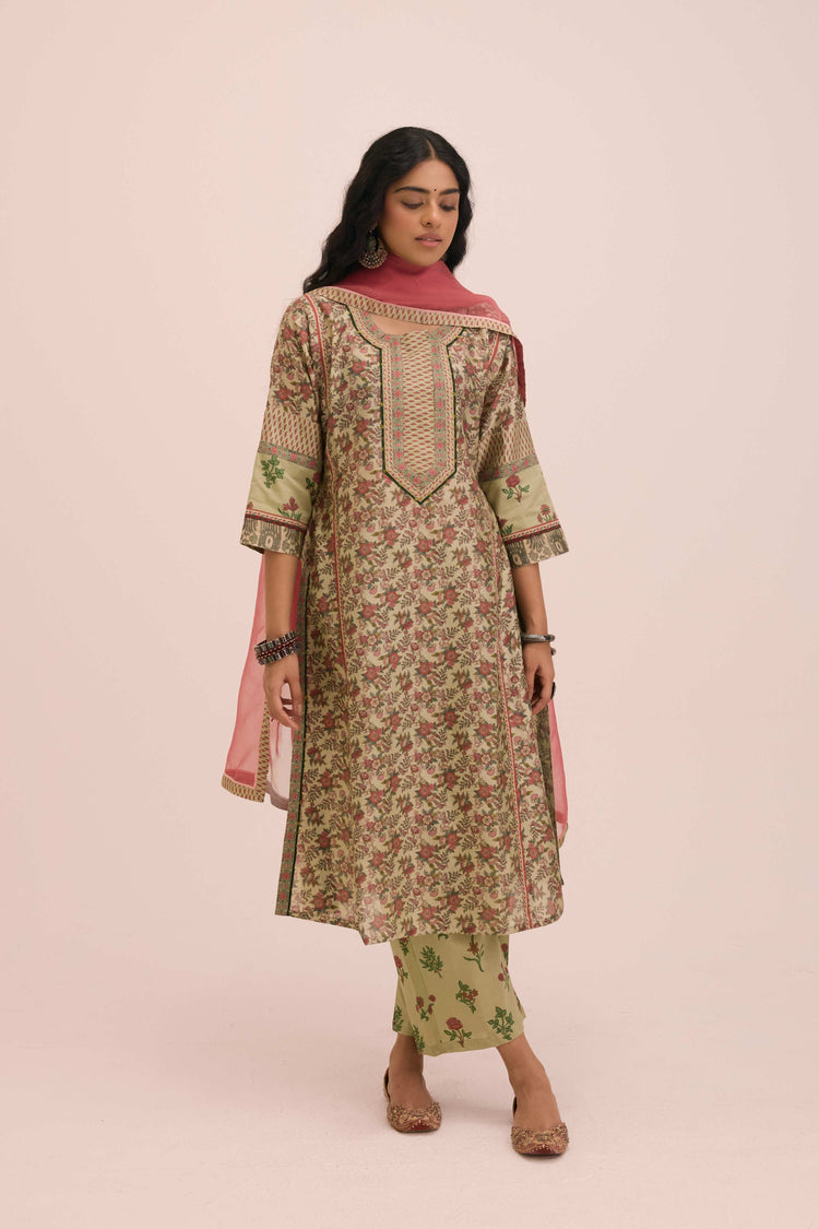 Rozana Cotton Printed Ensemble Pista Green Peach (Set of 2)