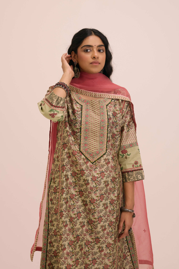 Rozana Chanderi Printed Ensemble Pista Green Peach (Set of 2)