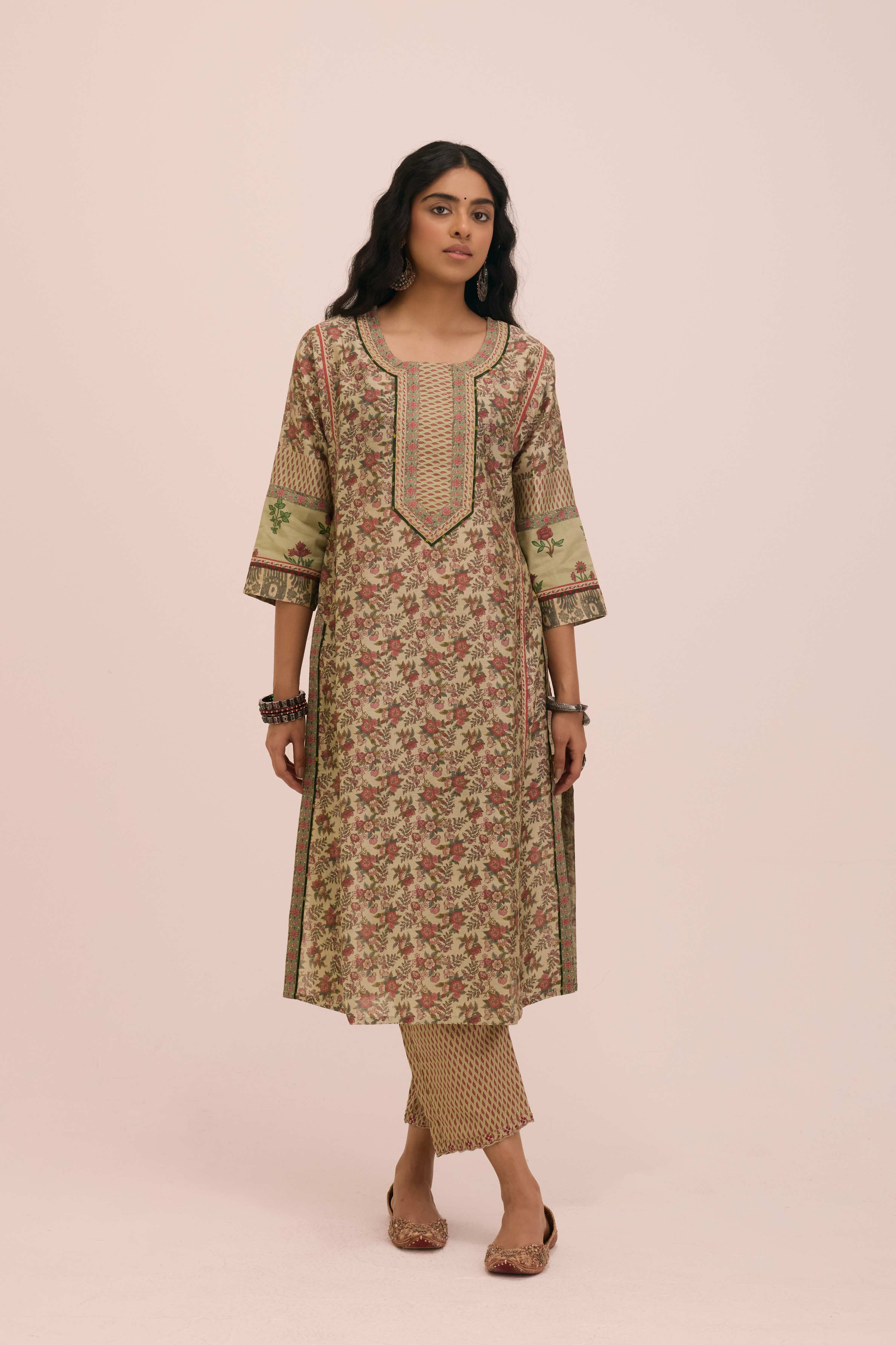 Rozana Chanderi Printed Ensemble Pista Green Peach (Set of 2)