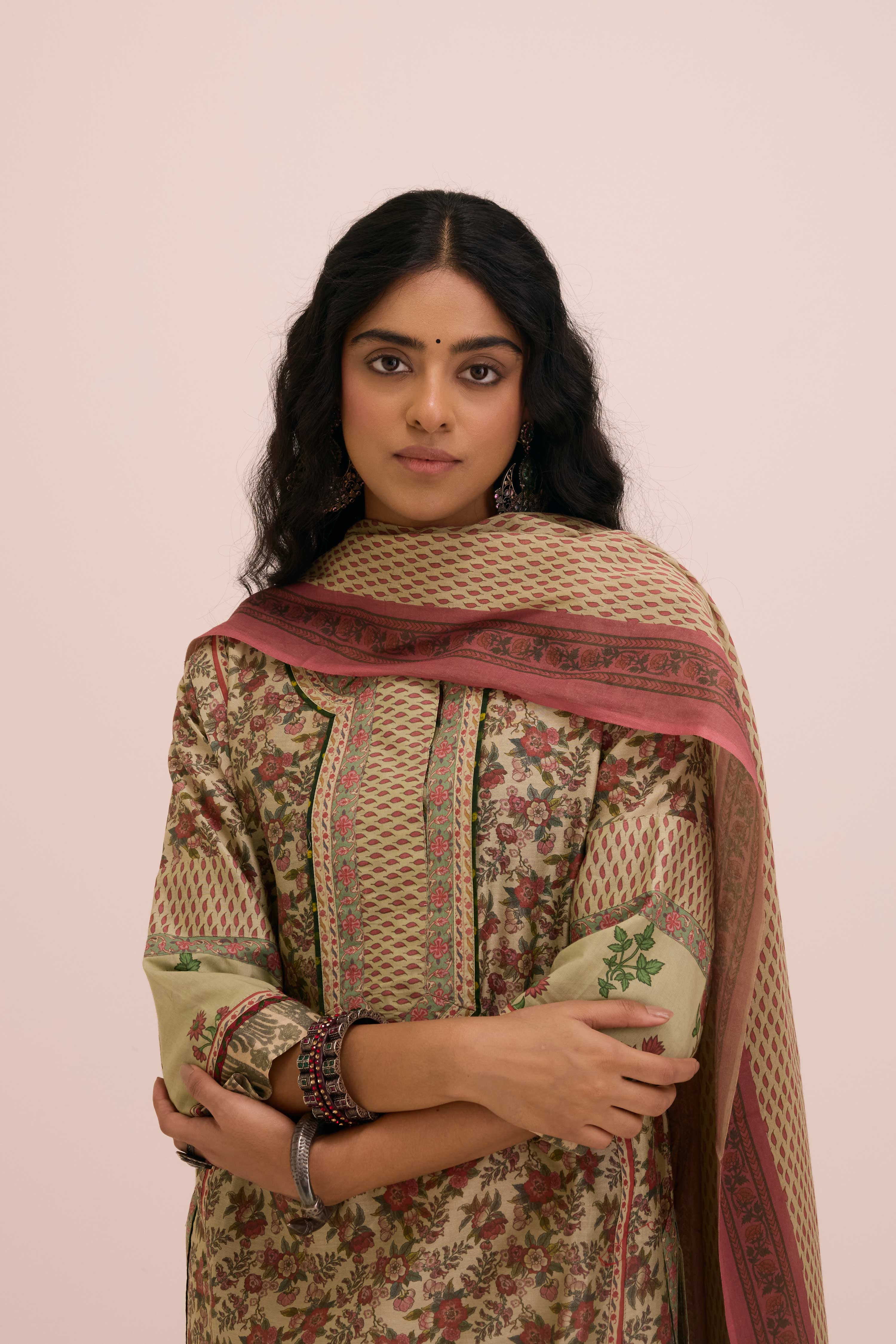Rozana Chanderi Printed Ensemble Pista Green Peach (Set of 2)