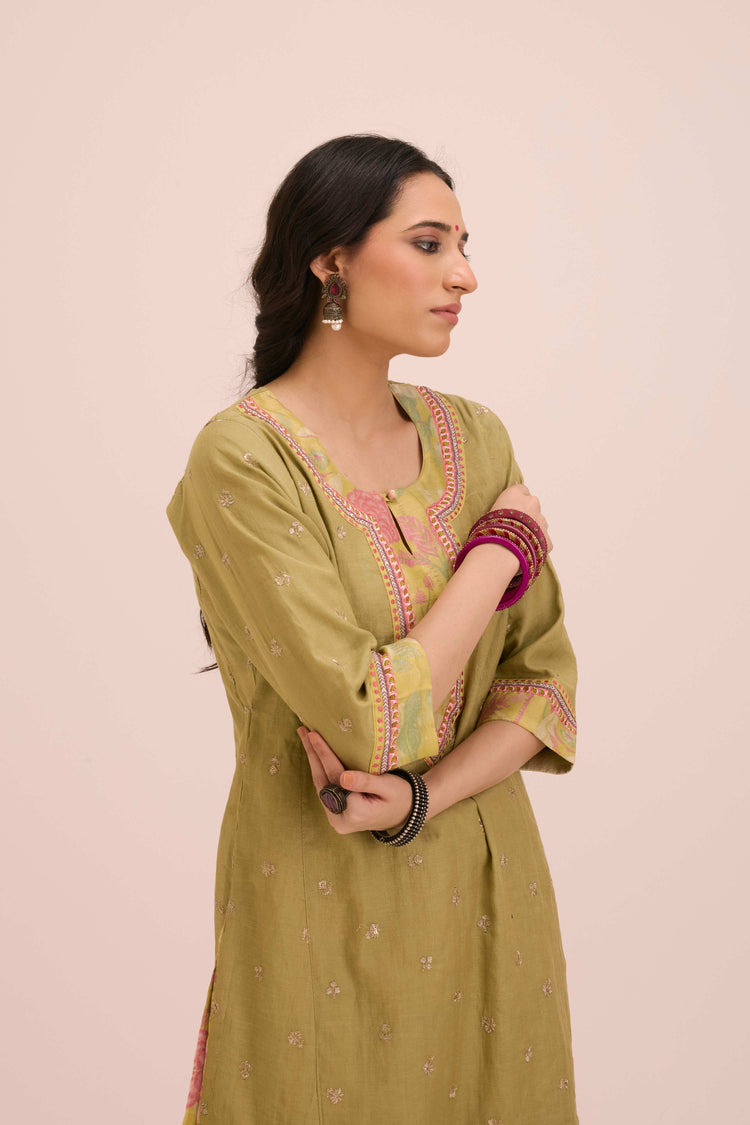Rozana Embroidered Chanderi Kurta Ensemble Pista Green (Setof3)