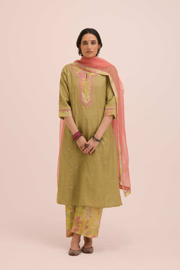 Rozana Embroidered Chanderi Kurta Ensemble Pista Green (Setof3)