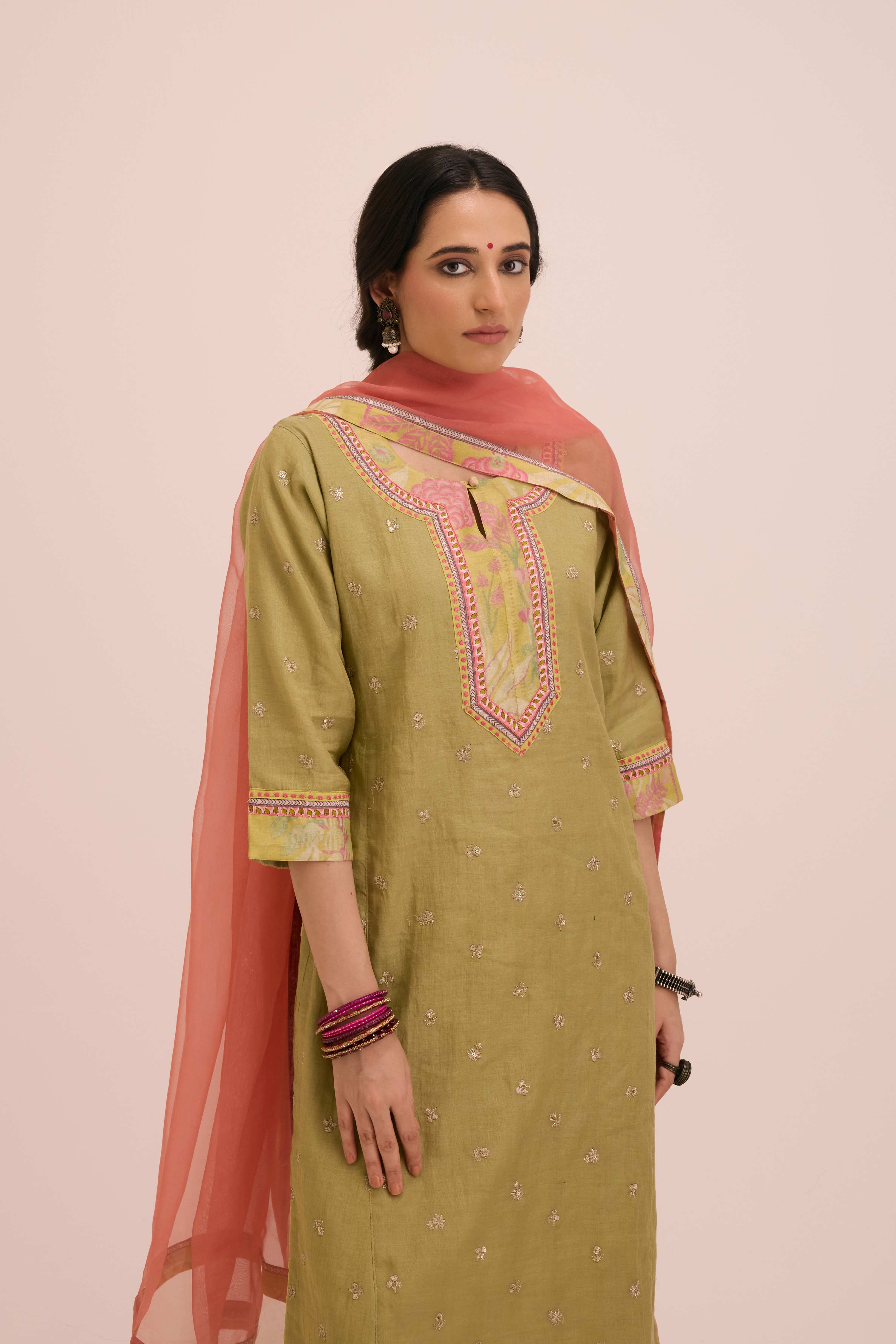 Rozana Embroidered Chanderi Kurta Ensemble Pista Green (Setof3)