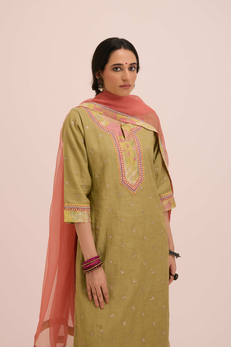 Rozana Embroidered Chanderi Kurta Ensemble Pista Green (Setof3)