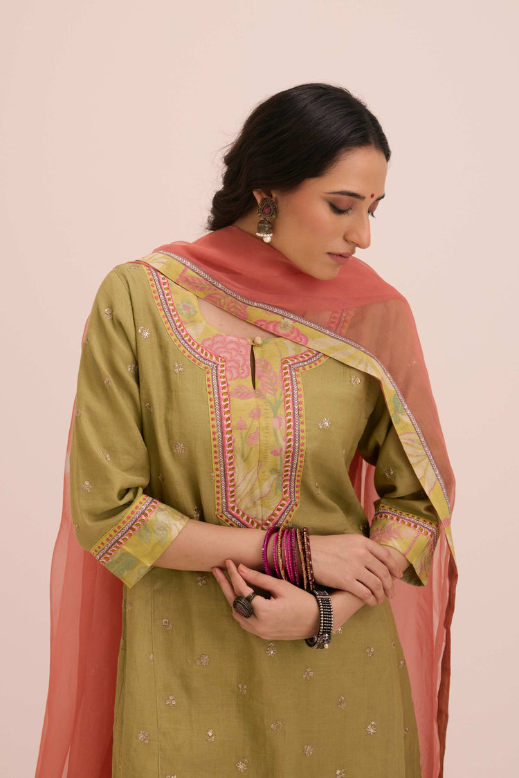 Rozana Embroidered Chanderi Kurta Ensemble Pista Green (Setof3)