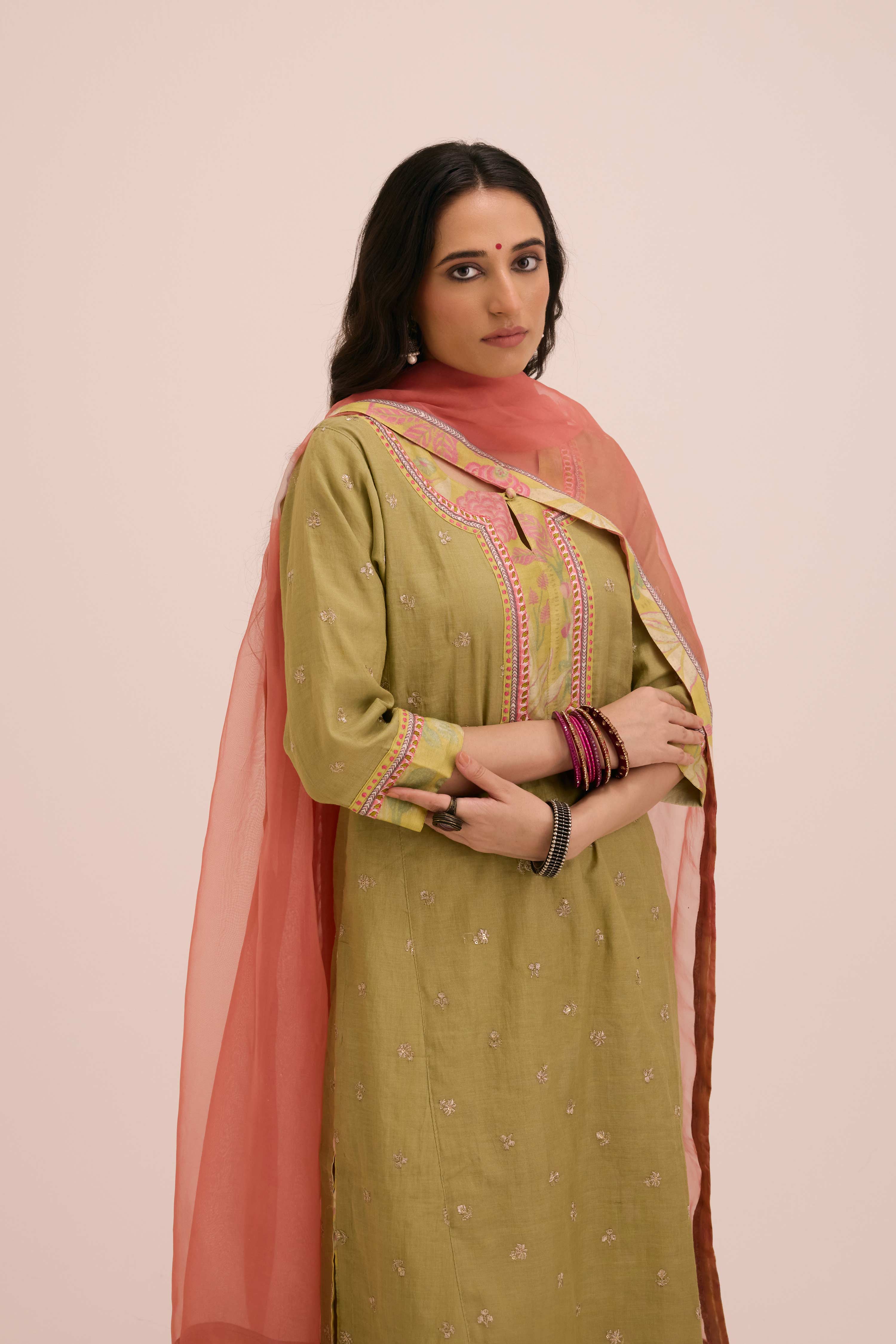 Rozana Embroidered Chanderi Kurta Ensemble Pista Green (Setof3)