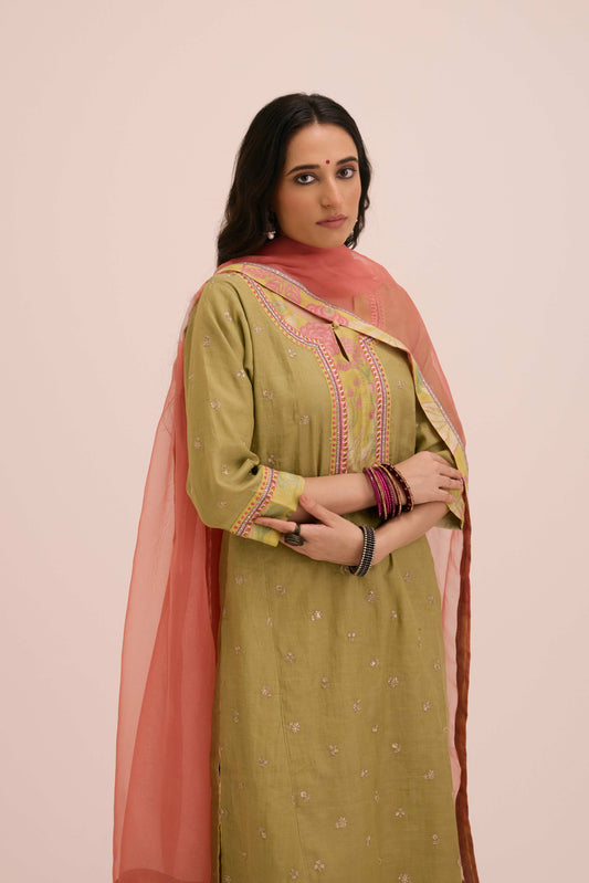 Rozana Embroidered Chanderi Kurta Ensemble Pista Green (Setof3)
