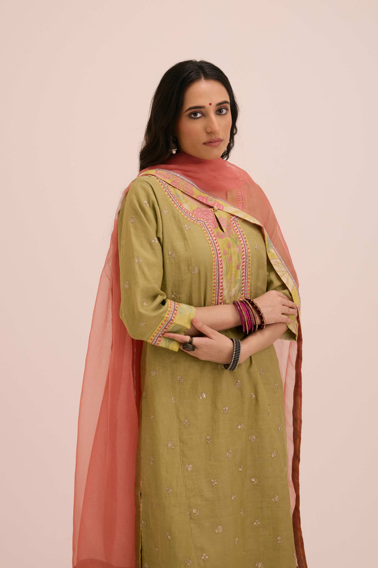 Rozana Embroidered Chanderi Kurta Ensemble Pista Green (Setof3)