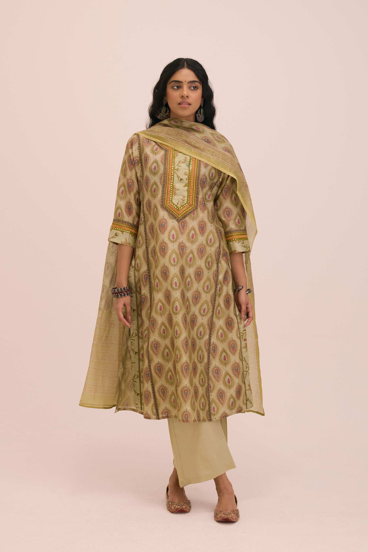 Chanderi Mul Printed Dupatta Pista Green