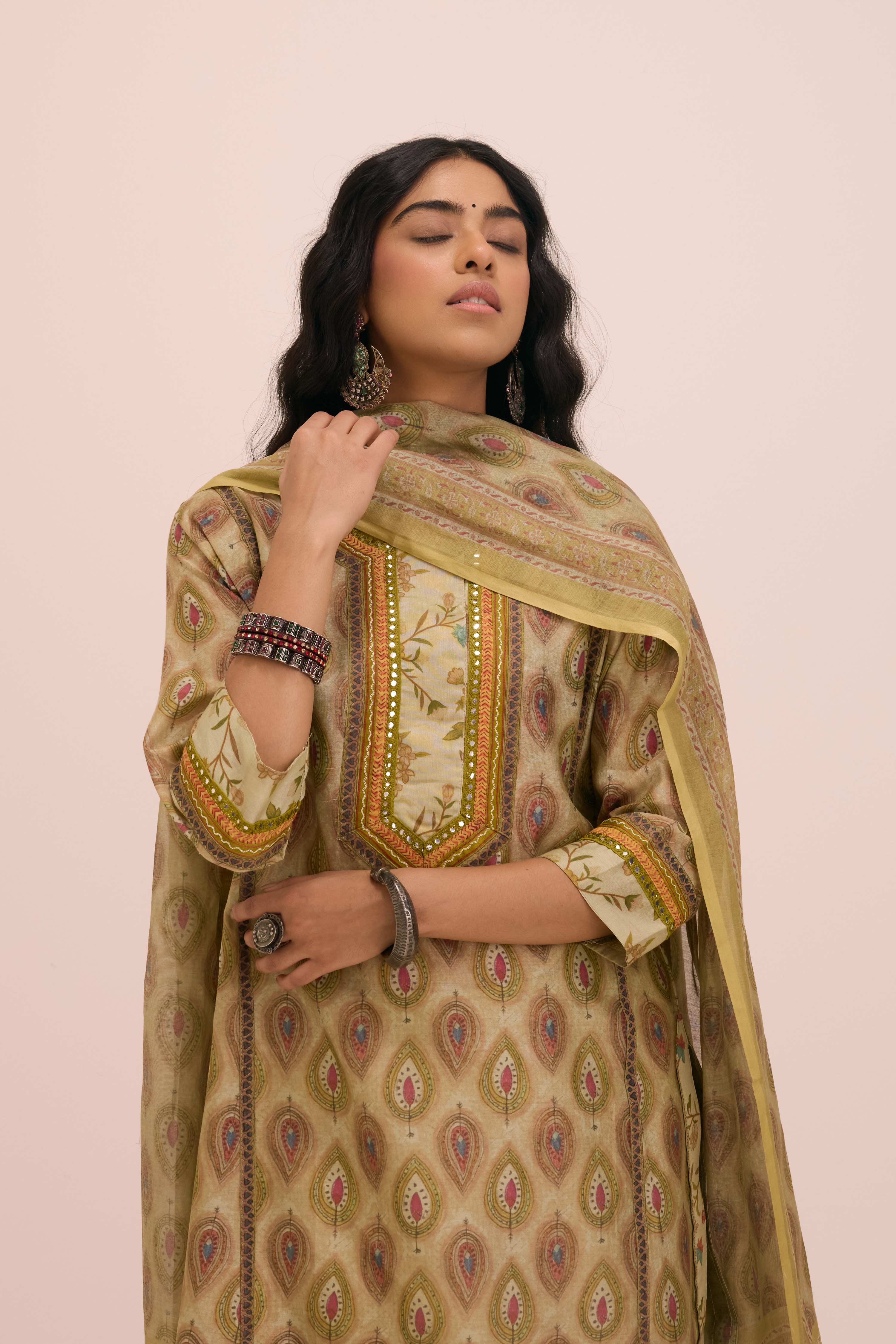 Chanderi Mul Printed Dupatta Pista Green