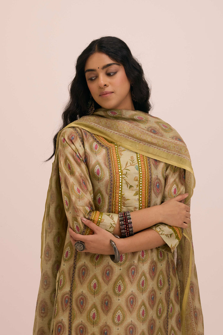 Chanderi Mul Printed Dupatta Pista Green