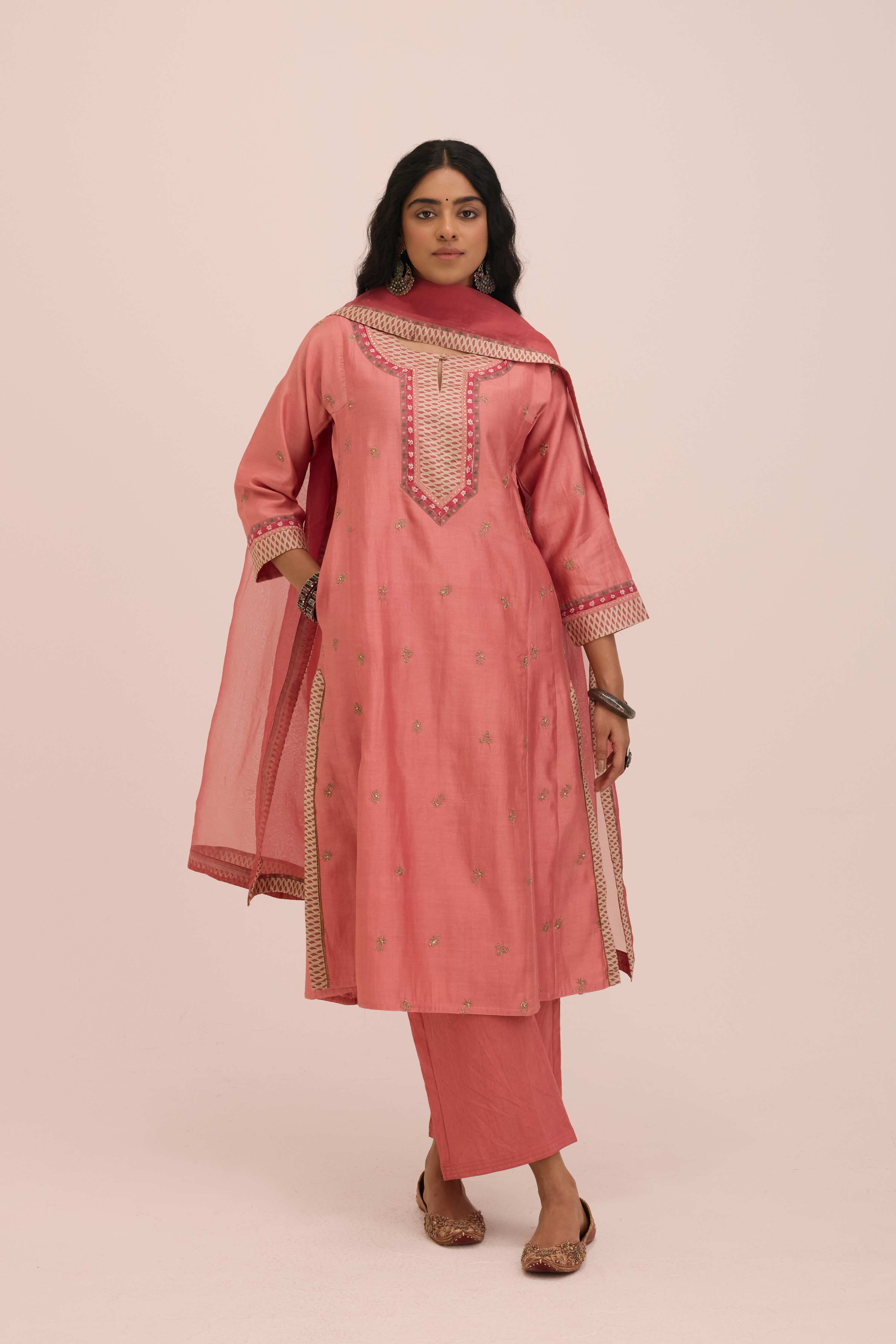 Aadya Embroidered Chanderi Ensemble Blush Pink (Set of 3)