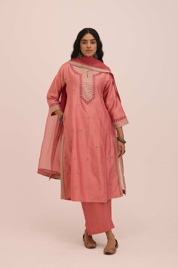 Aadya Embroidered Chanderi Ensemble Blush Pink (Set of 3)