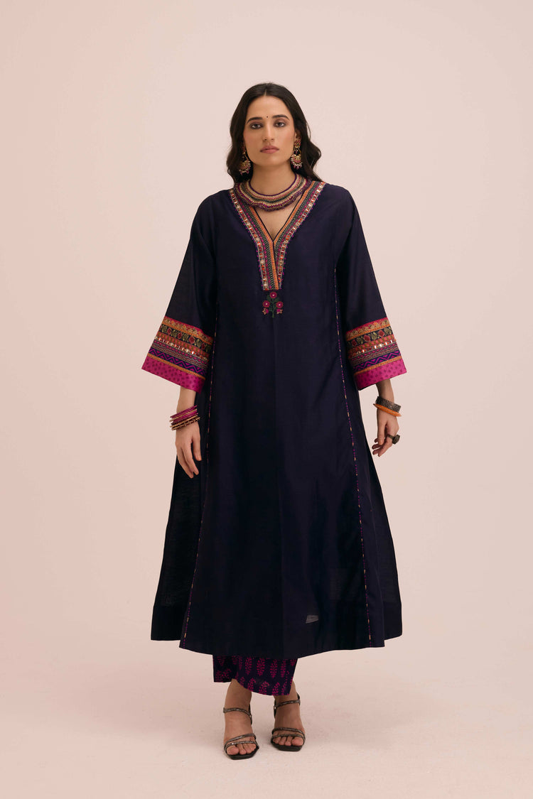 Tara Embroidered Chanderi Kaftan Dark Blue