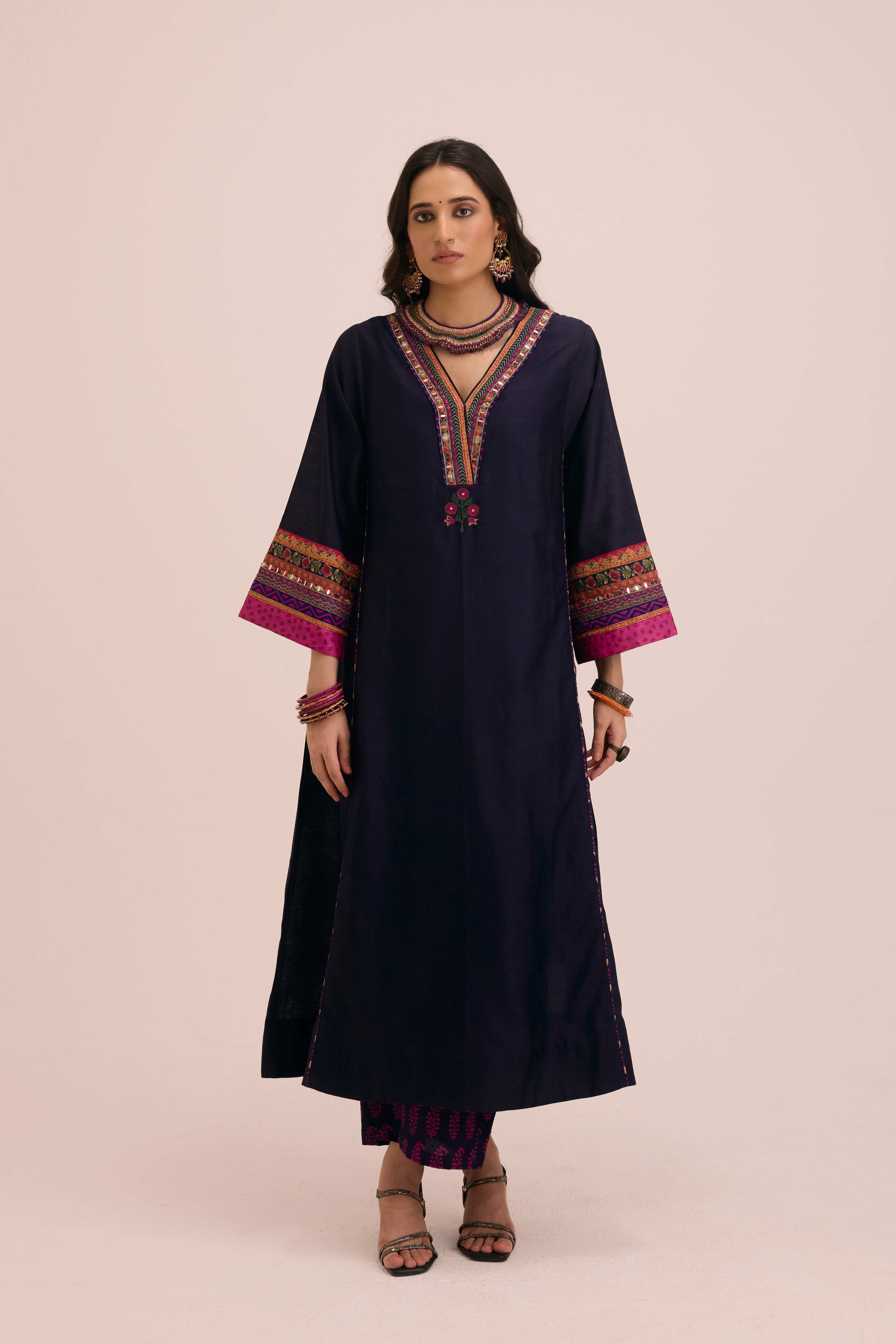 Tara Embroidered Chanderi Kaftan Kurta Dark Blue
