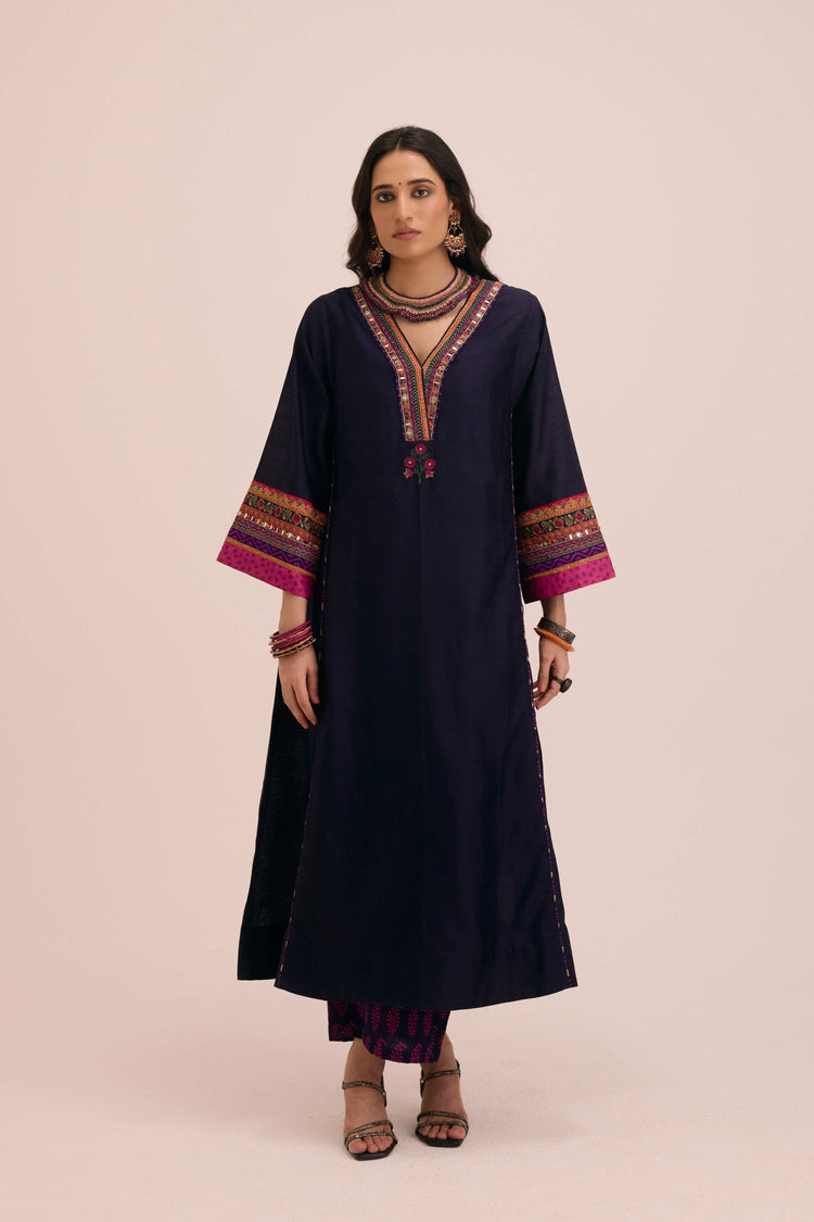 Tara Embroidered Chanderi Kaftan Dark Blue