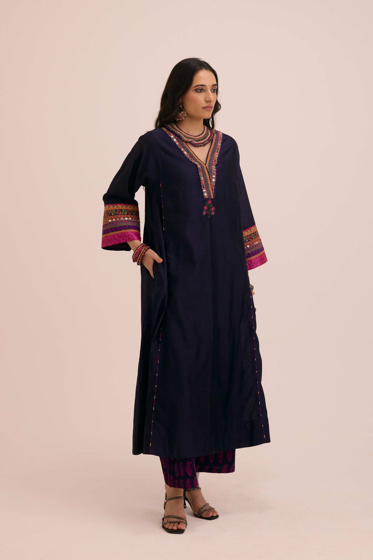 Tara Embroidered Chanderi Kaftan Dark Blue