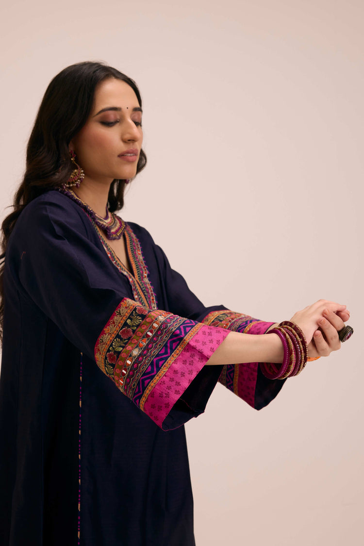 Tara Embroidered Chanderi Kaftan Dark Blue