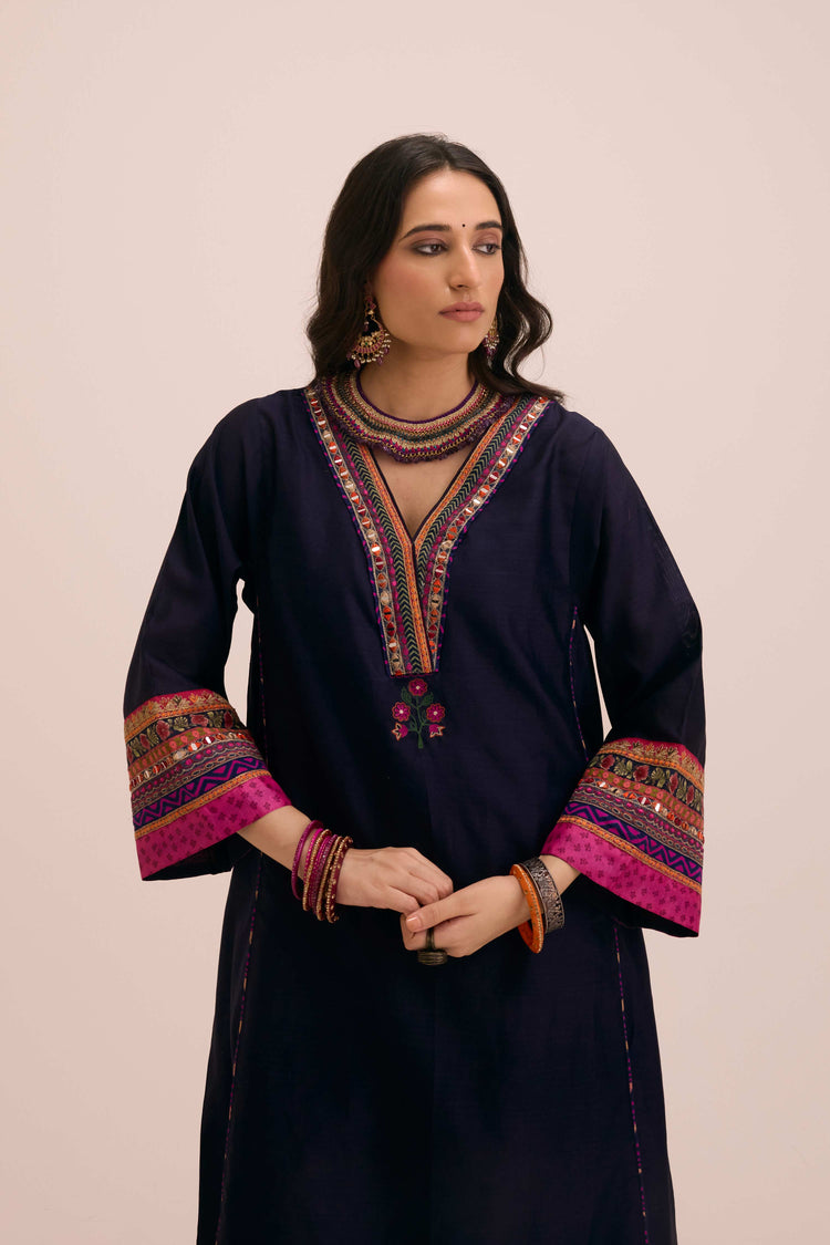 Tara Embroidered Chanderi Kaftan Dark Blue