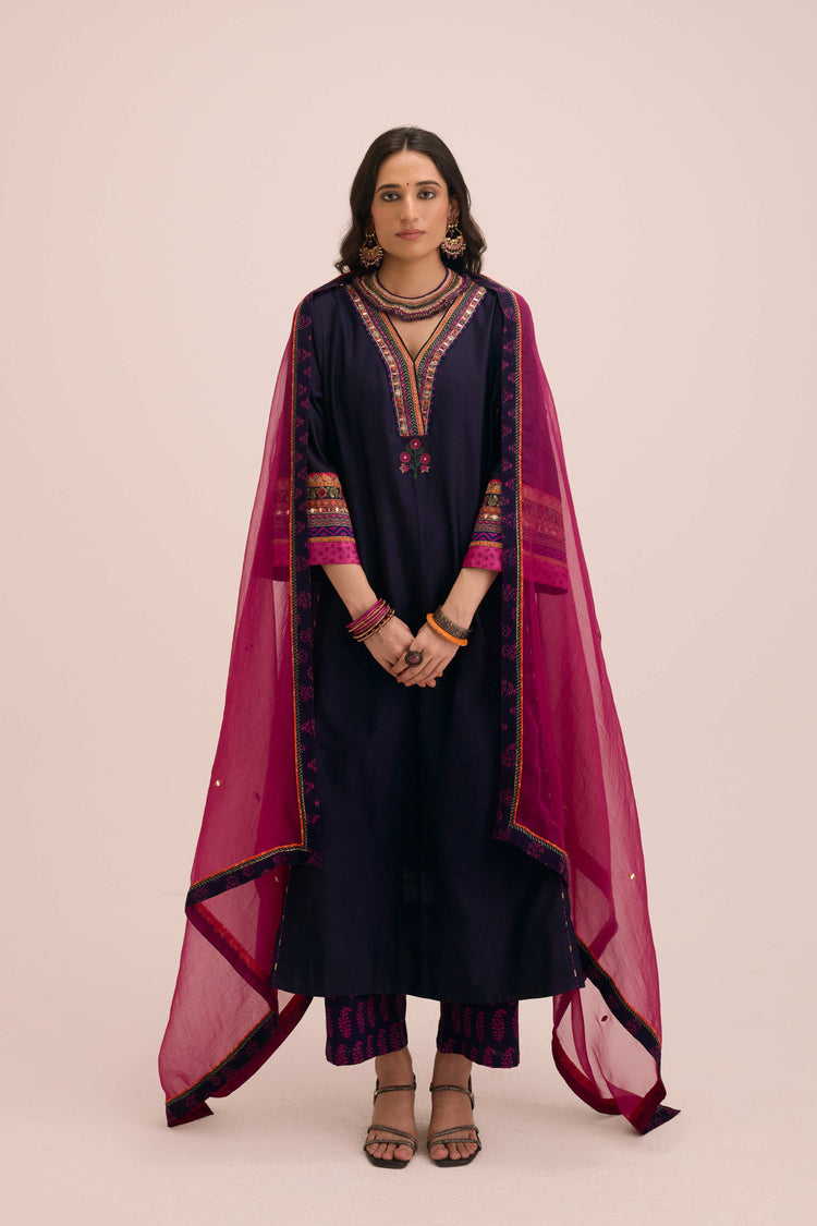 Tara Embroidered Chanderi Kaftan Dark Blue
