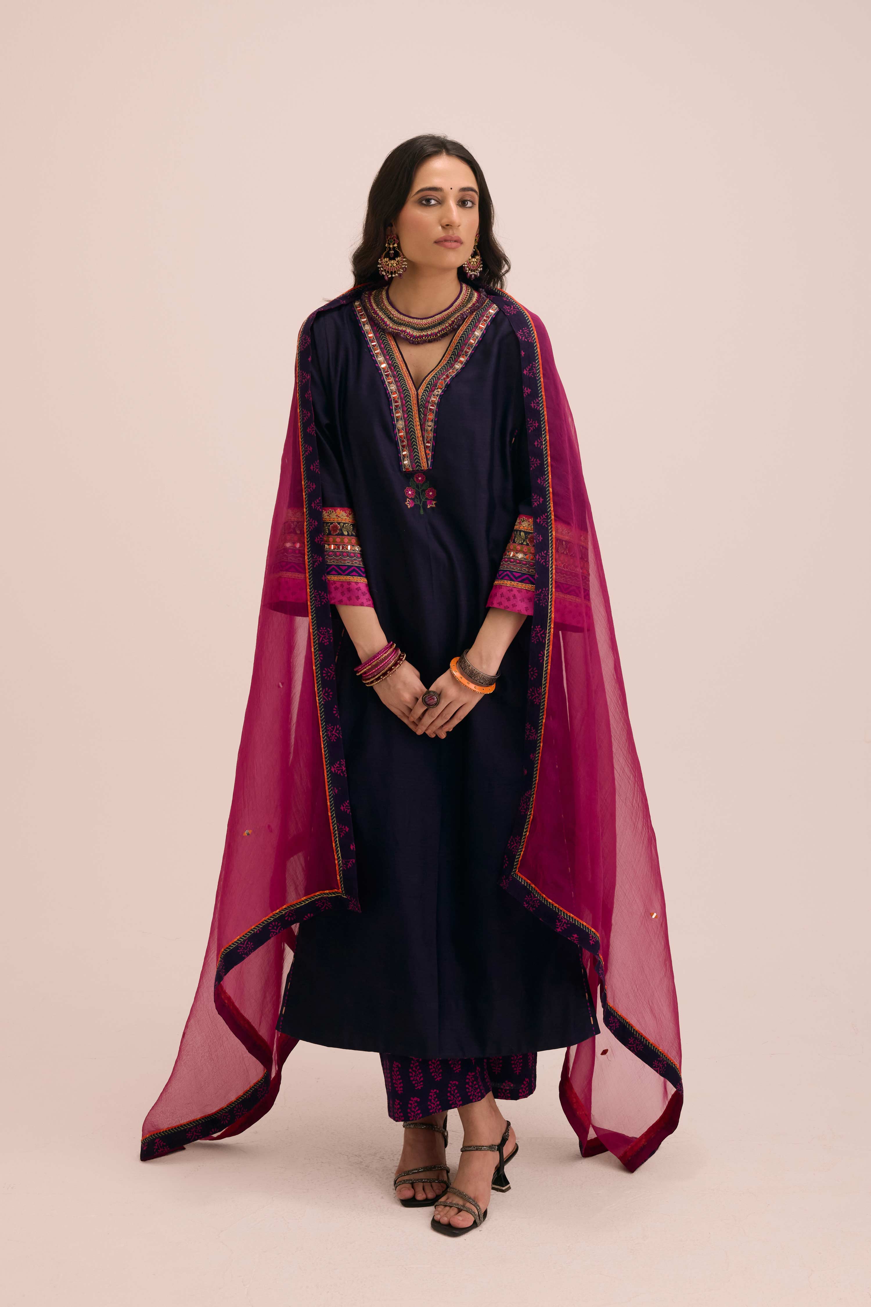 Tara Embroidered Chanderi Kaftan Kurta Dark Blue