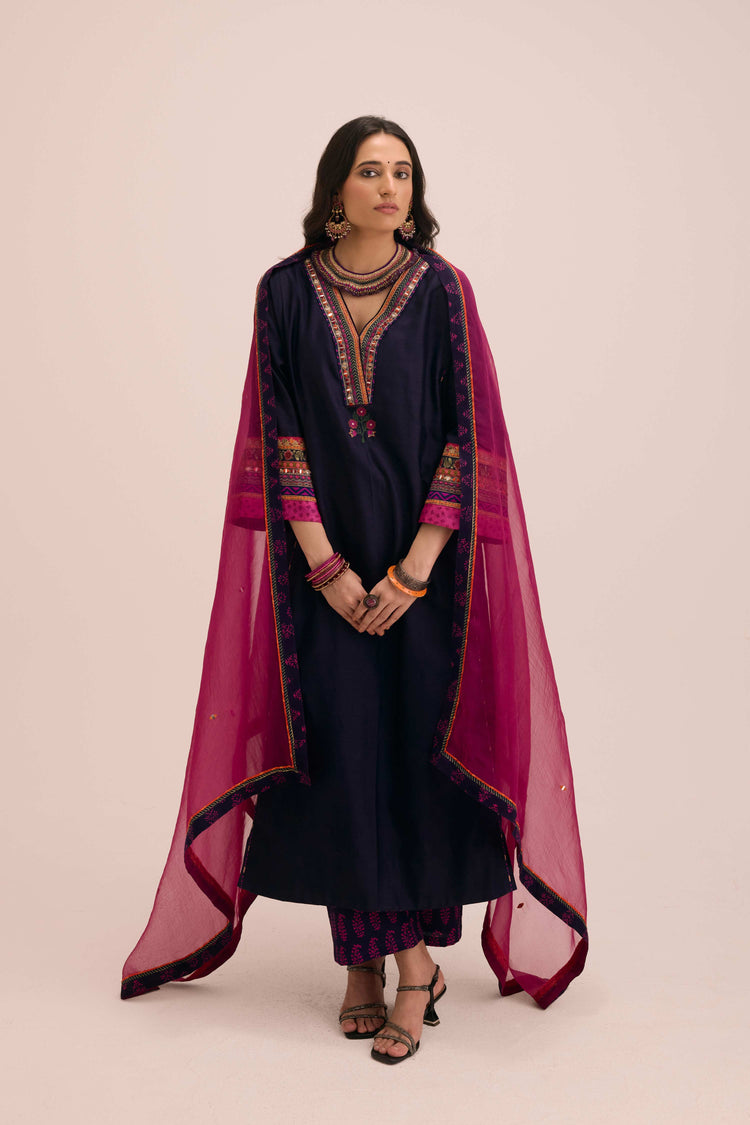 Tara Embroidered Chanderi Kaftan Dark Blue