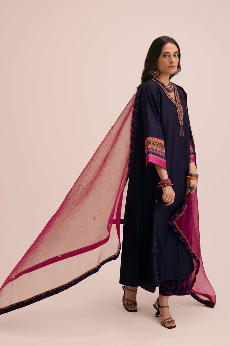 Tara Embroidered Chanderi Kaftan Dark Blue