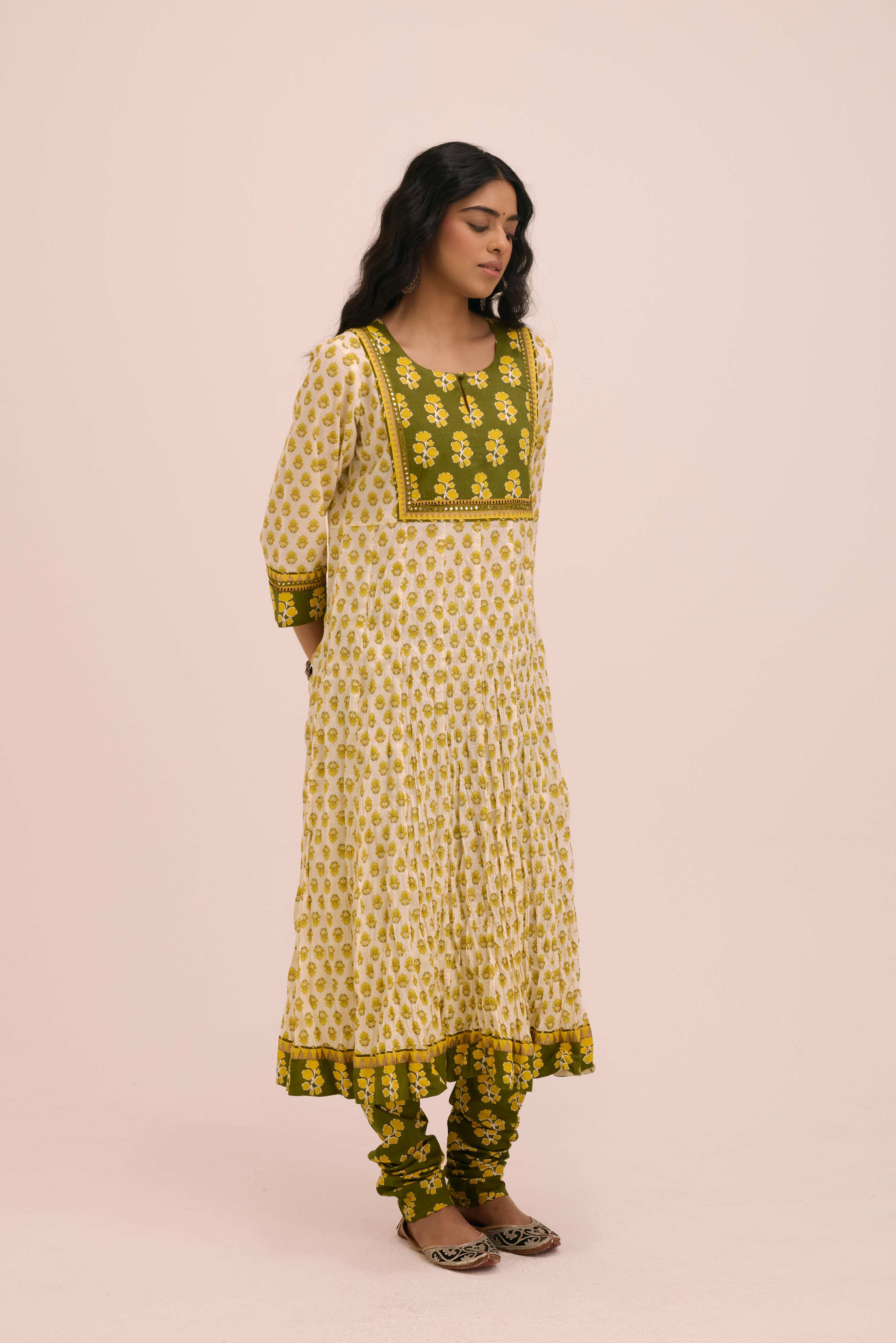 Crinkled Cotton Printed Anarkali Kurta Cream Yellow