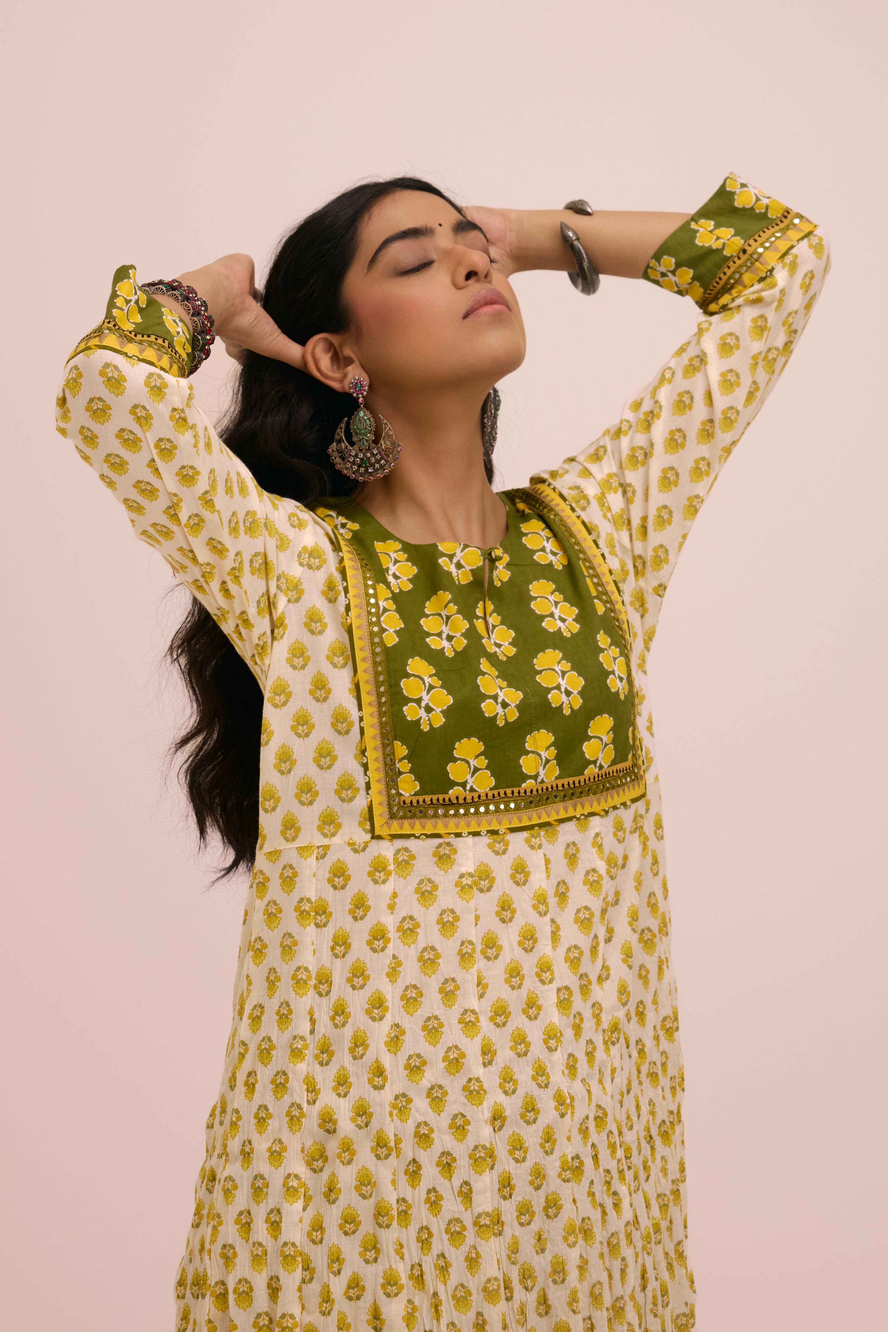 Crinkled Cotton Printed Anarkali Kurta Cream Yellow